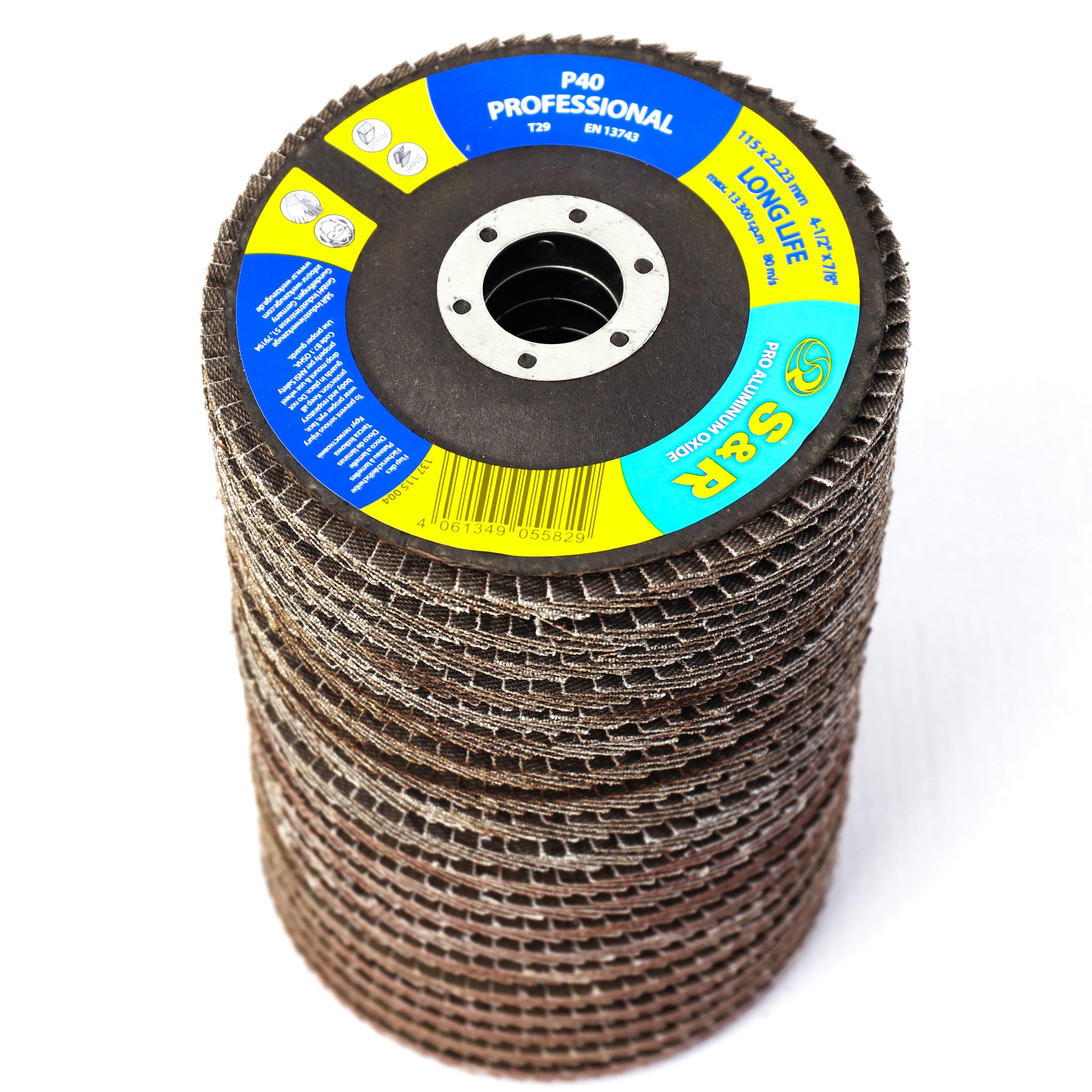 S&R Schleifscheibe Fächerschleifer 115 x 22,23 mm, PRO ALUMINIUM OXID, T29, (Set, 20 St., je 5x Körnung P40 / P60 / P80 / P120), Lamellenschleifer, Schruppscheiben für Holz und Metall