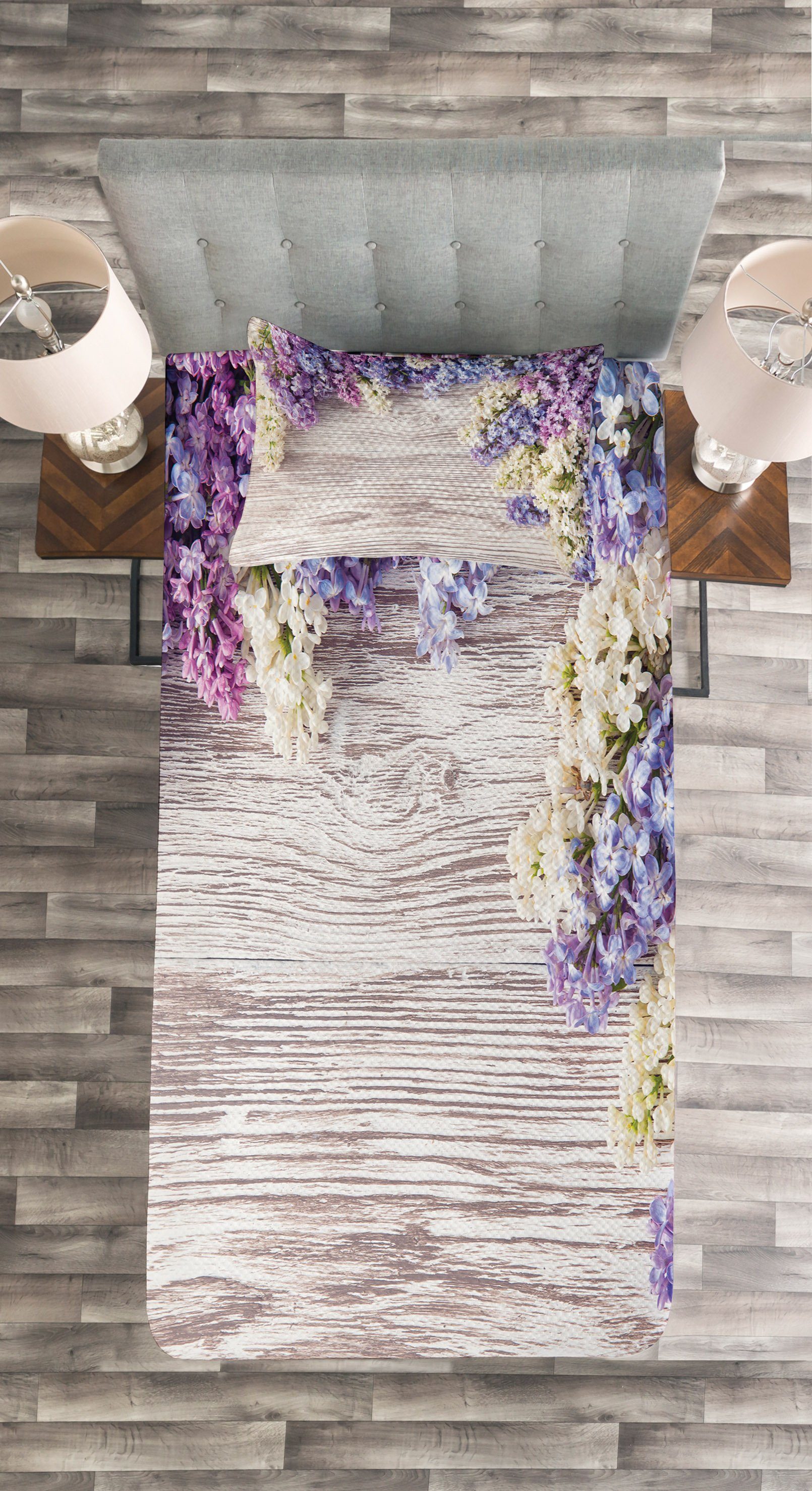 Waschbar, Tagesdecke blüht Set Rustikal Kissenbezügen Abakuhaus, Flieder mit Blumenstrauß