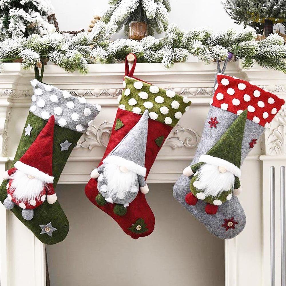 Rosnek Christbaumschmuck Geschenktüte, für Neujahr Socken Weihnachtsbaum Deko (3-tlg), Weihnachtsstrumpf (Rot+Grün+Grau)*1