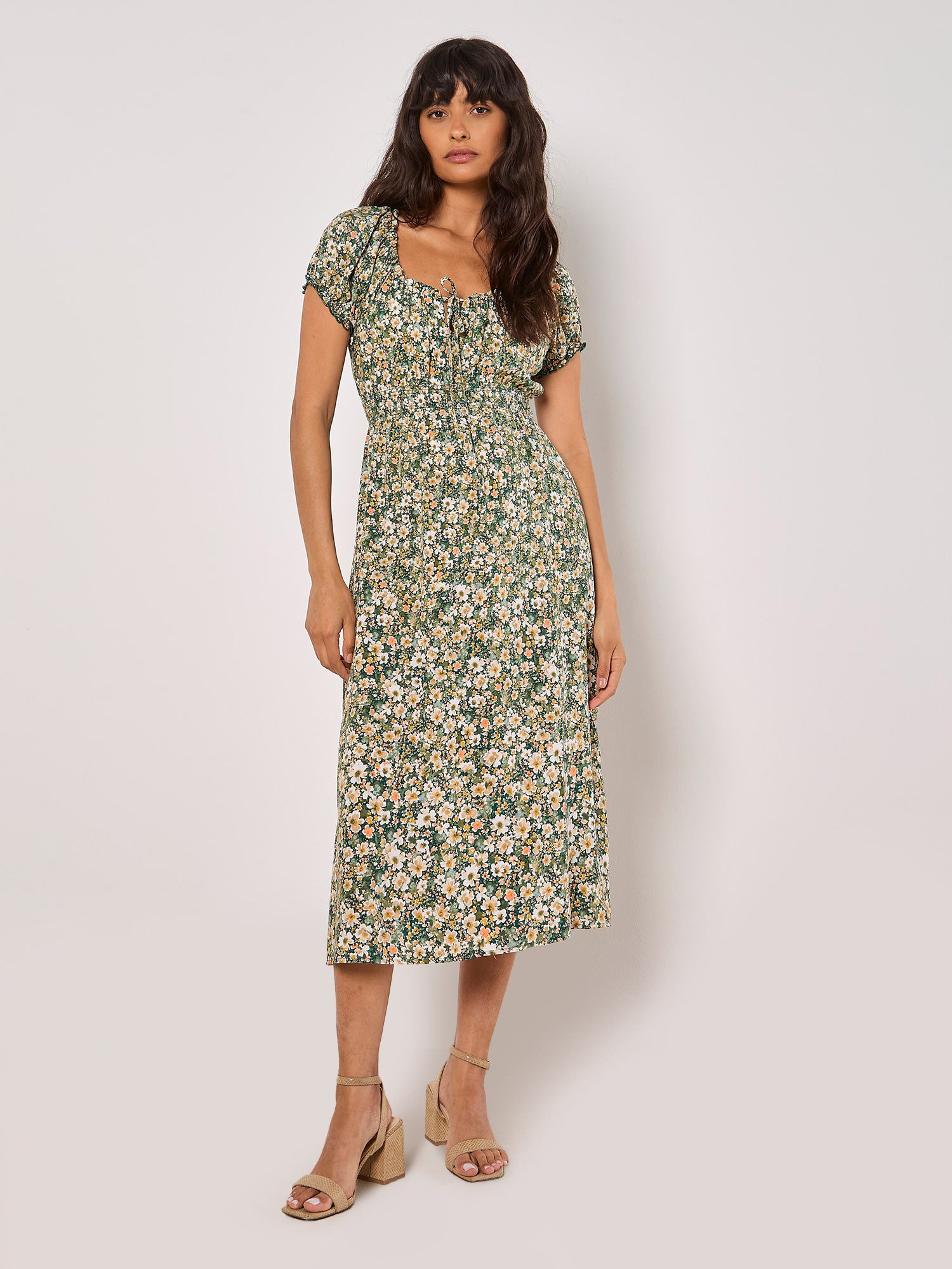 Apricot Midikleid Aquarellfarbenes geblümtes Kleid, mit günstig online kaufen