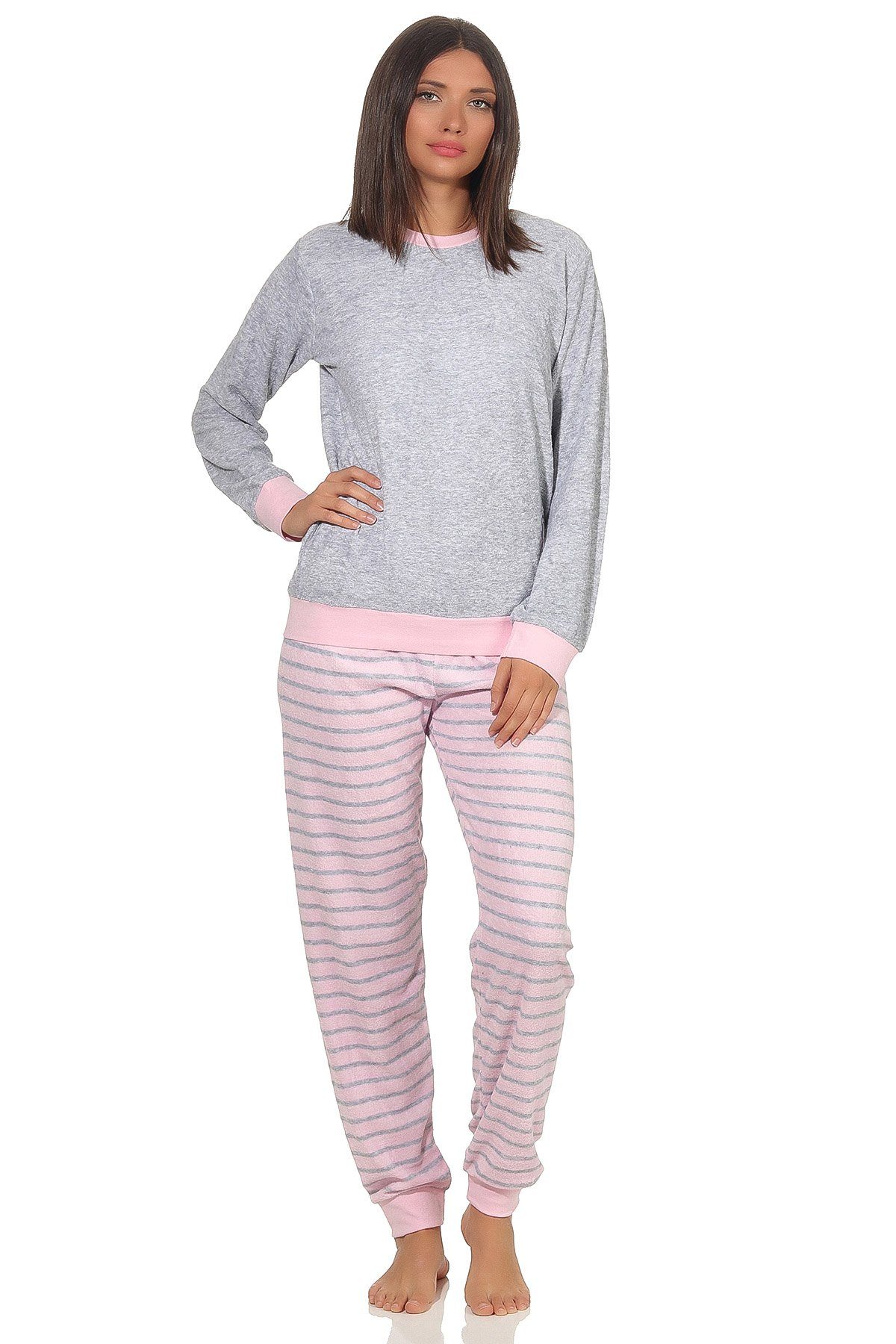 Normann Pyjama Damen Frottee Pyjama langarm mit Bündchen und Pinguin Stickerei grau-melange