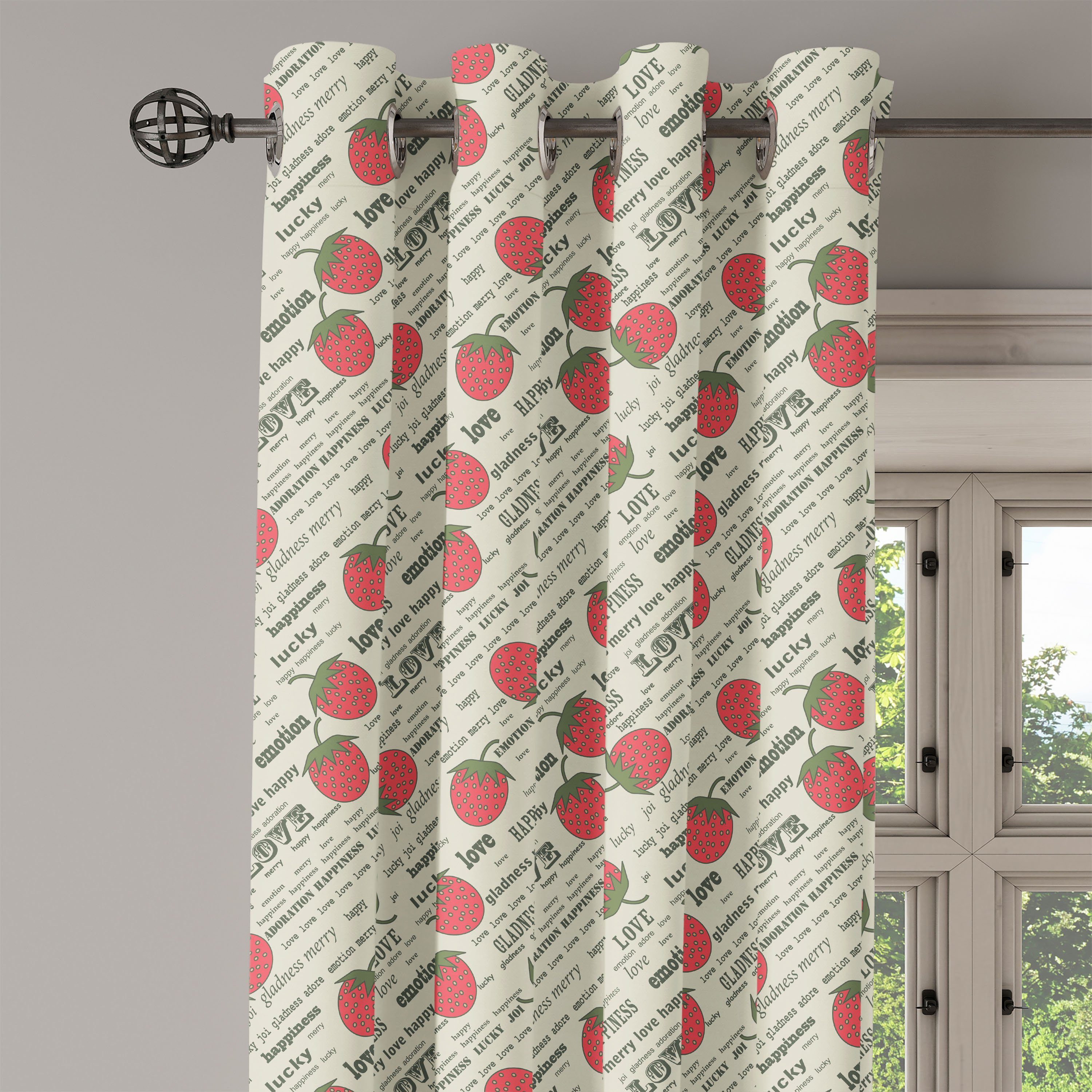 Gardine Schlafzimmer Wohnzimmer, Dekorative Abakuhaus, Erdbeer-Liebe Retro für Früchte 2-Panel-Fenstervorhänge