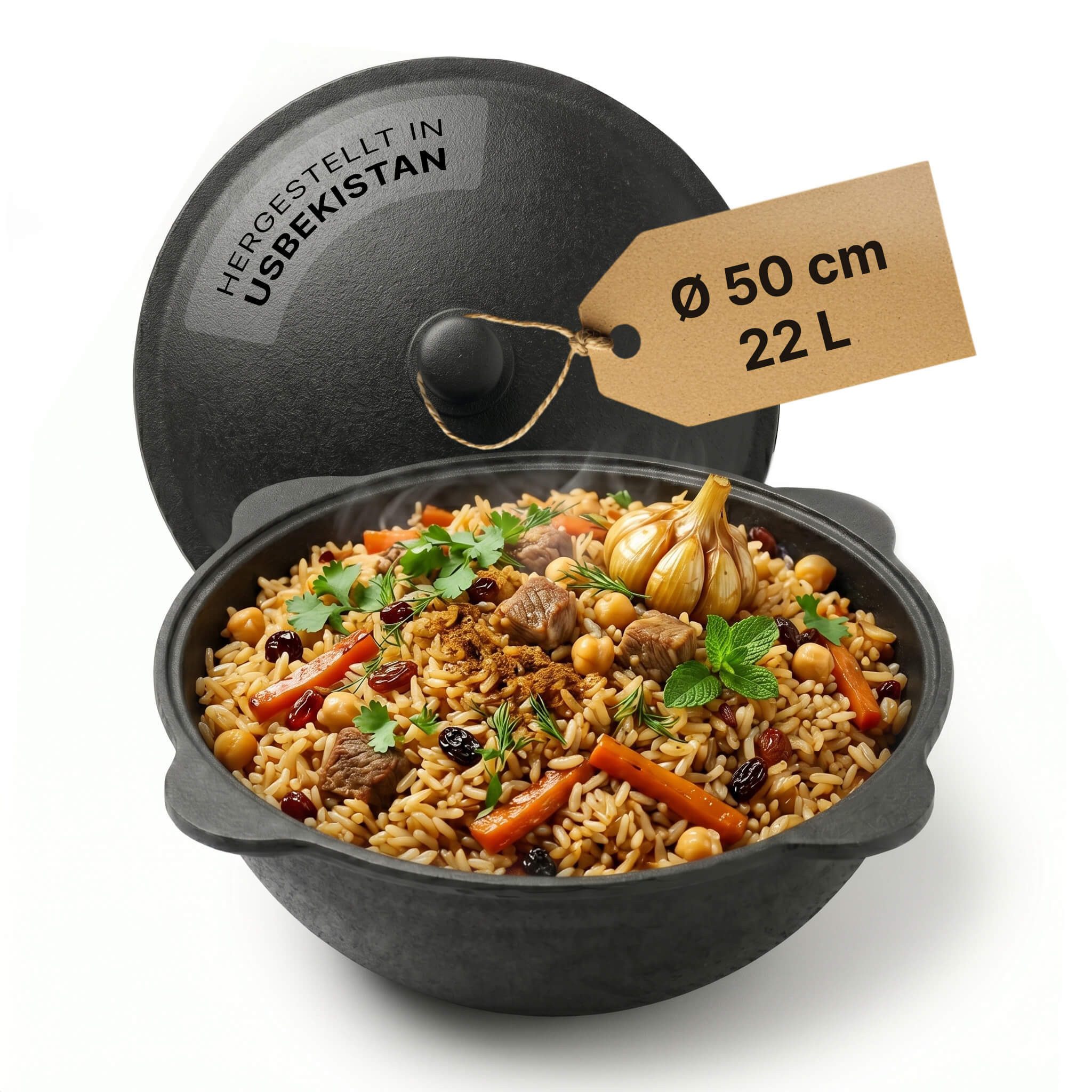 BIG-PAN Wok Gusseisen Kazan 22L mit Deckel Feuertopf für Camping Grill Dutch Oven, (Asia Kessel Feuertopf, Campingtopf NAMANGAN), Cast Iron Usbek Asia Topf