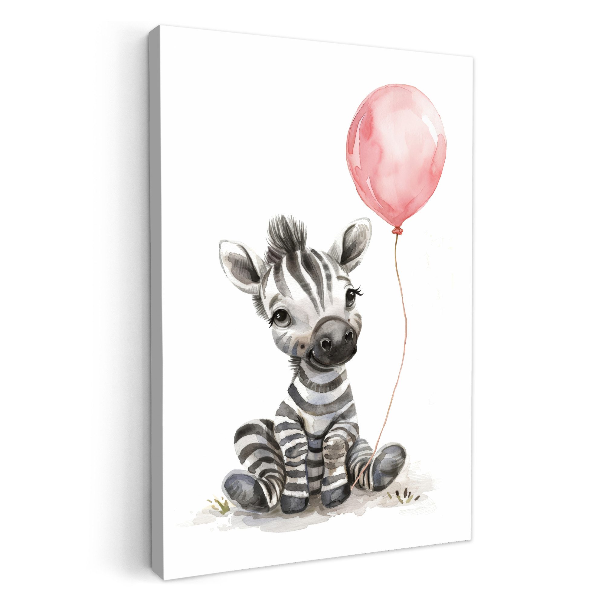 OneMillionCanvasses® Leinwandbild Zebra - Tierbaby - Rosa Luftballon, Fotodruck (1 St), Bilder Deko Babyzimmer, Wandbilder Kinderzimmer 60x90 cm