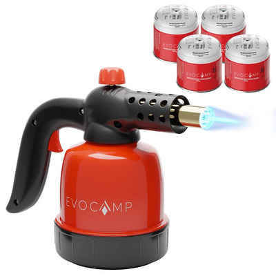 EVOCAMP Flambierbrenner Gasbrenner 1,3 kW, Küchenbrenner, Lötlampe mit Piezozündung, Max. Temperatur 1300°C, mit 4 Gaskartuschen 190g