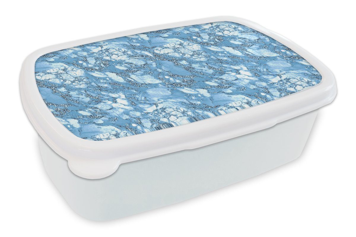 MuchoWow Lunchbox Marmor - Glitter - Blau, Kunststoff, (2-tlg), Brotbox für Kinder und Erwachsene, Brotdose, für Jungs und Mädchen weiß