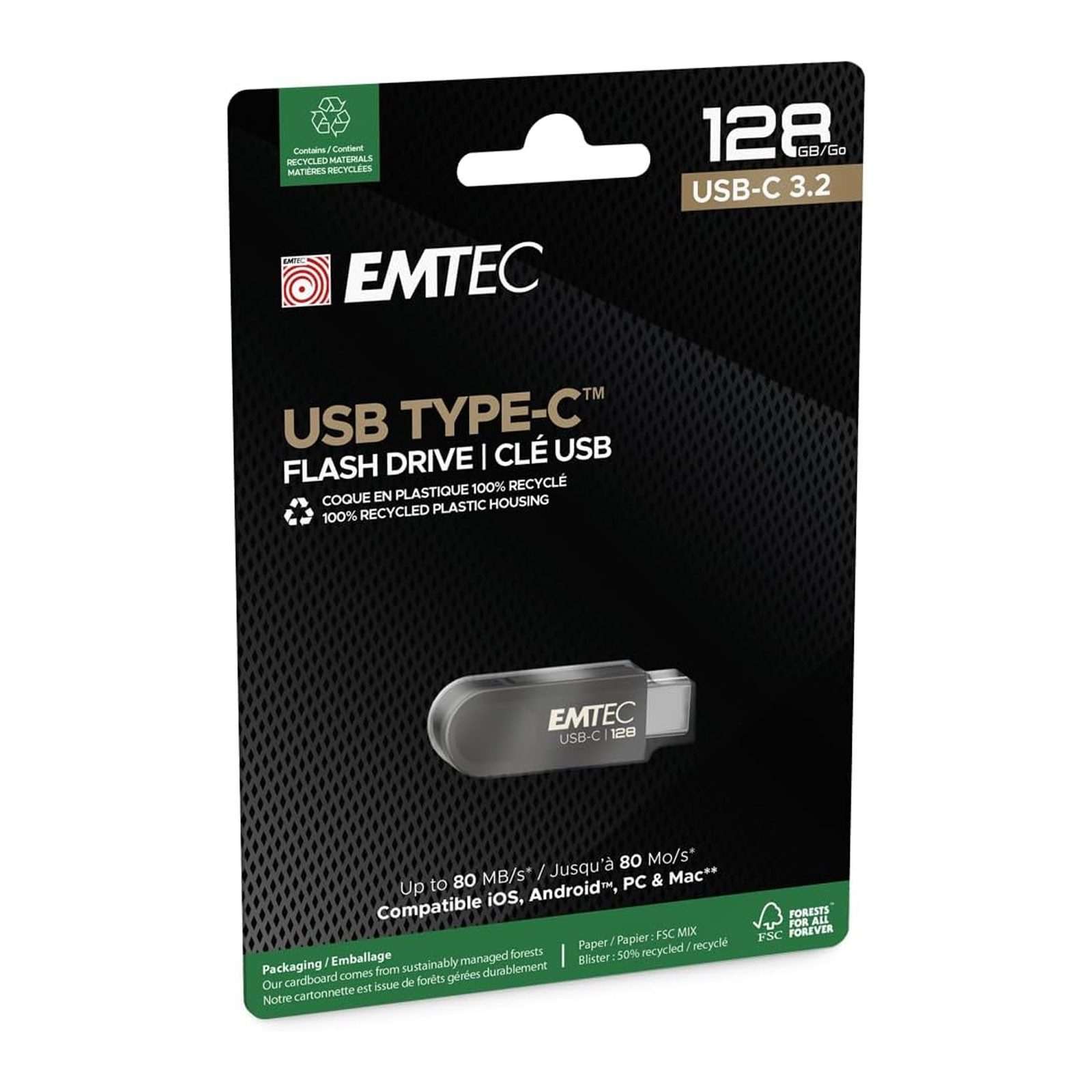 EMTEC EMTEC ECMMD128GC283 USB-Stick (USB-C 3.2 128 GB, schwarz, recycelter Kunststoff)