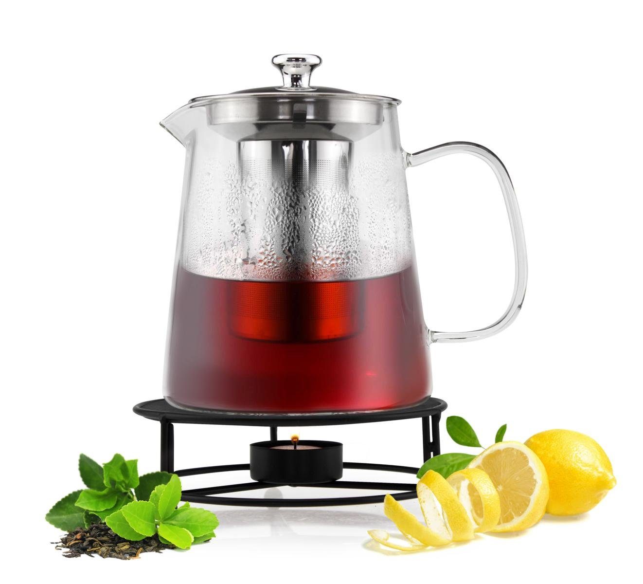 Sendez Teekanne 1,2L mit Edelstahl Sieb und Stövchen Teebereiter Teeset Kanne, 1,2 l