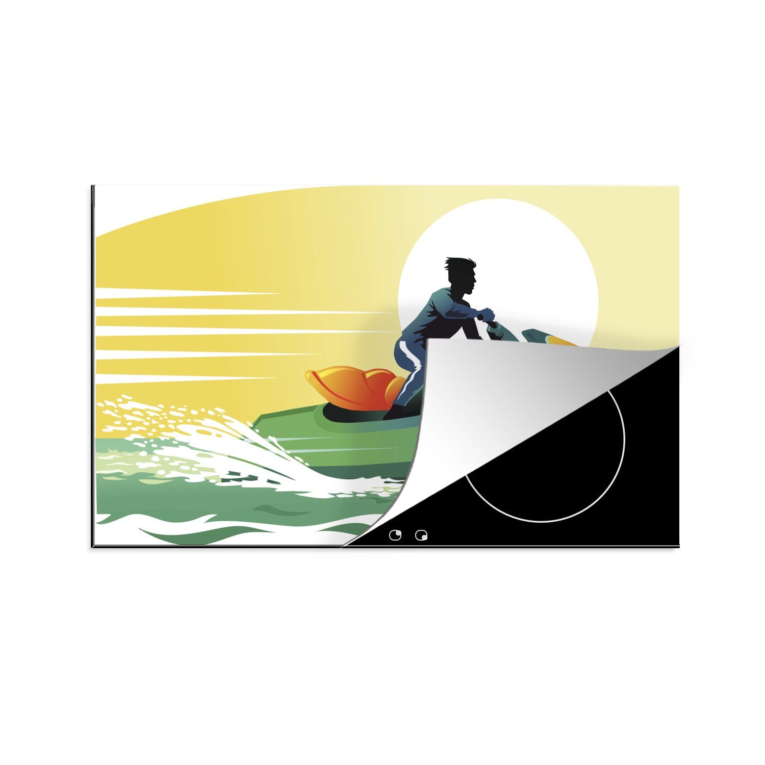 MuchoWow Herdblende-/Abdeckplatte Illustration einer Person auf einem Jetski vor der Sonne, Vinyl, (1 tlg), 83x51 cm, Ceranfeldabdeckung, Arbeitsplatte für küche