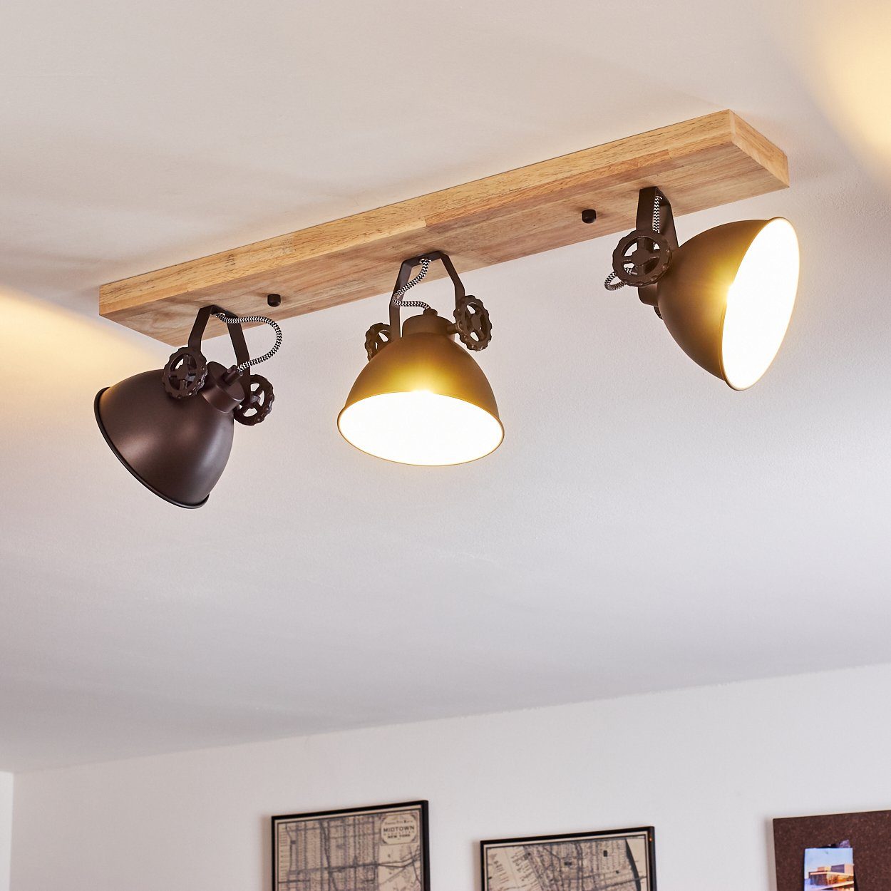 3xE14, »Mot« verstellbaren in mit Leuchtmittel, Retro/Vinatge hofstein aus Design Strahlern, Deckenleuchte ohne Schwarz-Braun/Natur, Deckenlampe Metall/Holz