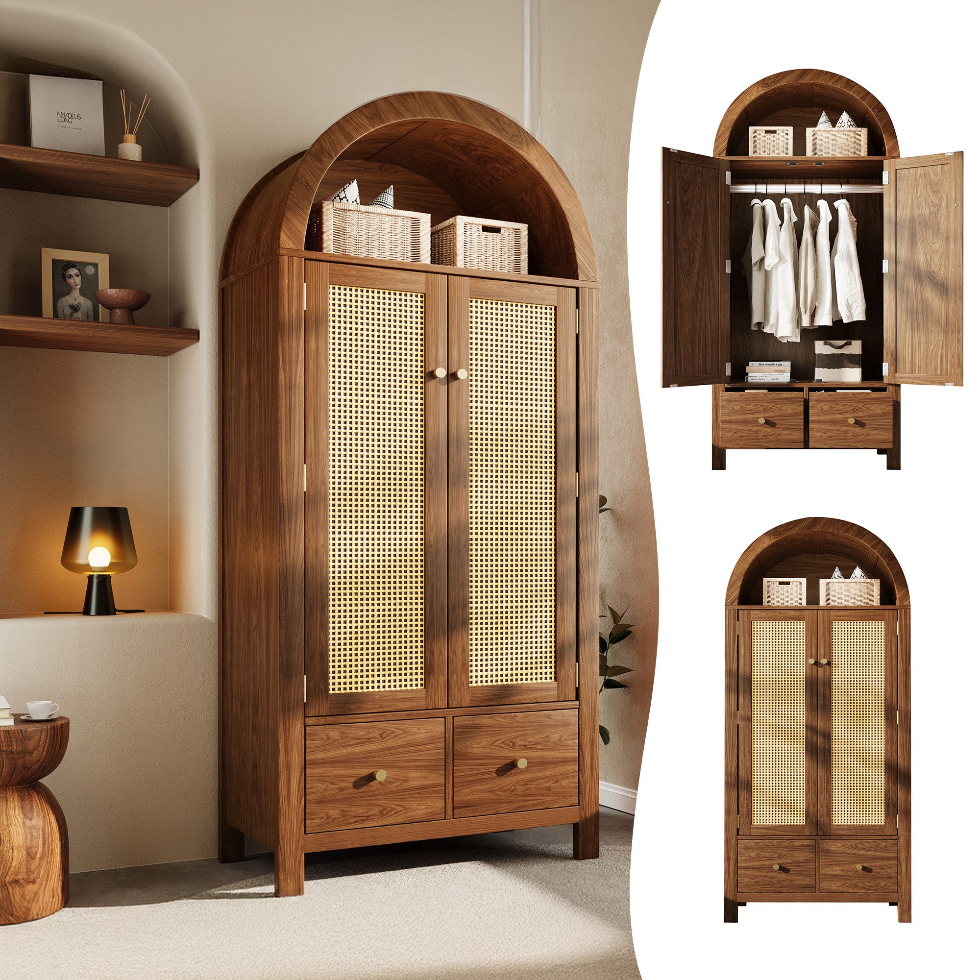 Flieks Kleiderschrank Garderobenschrank 78x45x181cm mit 2 Schubladen und 2 Türen, Rattan