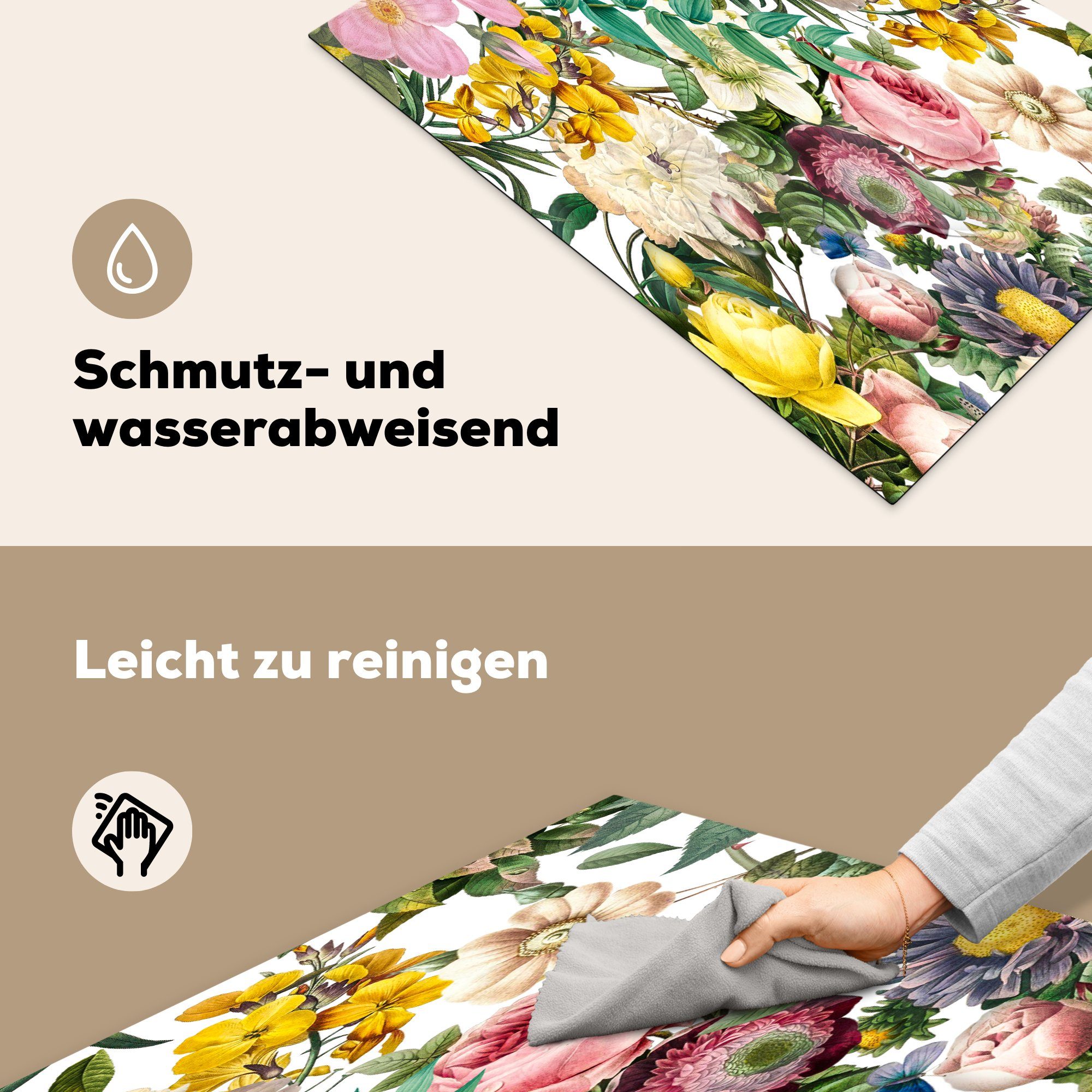 MuchoWow Herdblende-/Abdeckplatte Blumen - Gelb Weiß (1 cm, die für Induktionskochfeld 81x52 küche, - Rosa, Vinyl, - Schutz Ceranfeldabdeckung tlg)