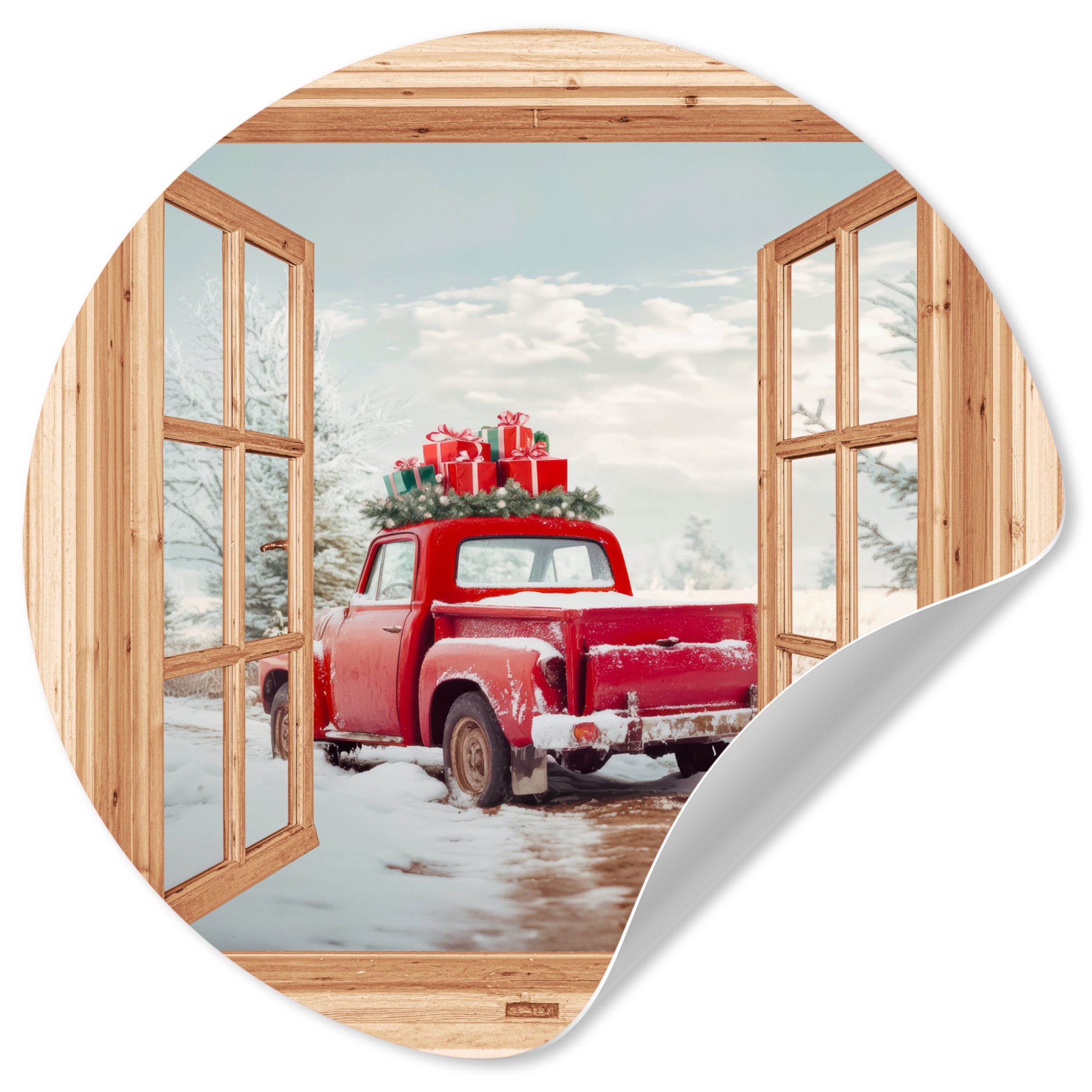 MuchoWow Wandsticker Fensterblick - Fenster - Auto - Weihnachten - Geschenke - Winter - Lan (1 St), Wandtattoo Selbstklebend, Wohnzimmer Deko Aufkleber, 30x30 cm