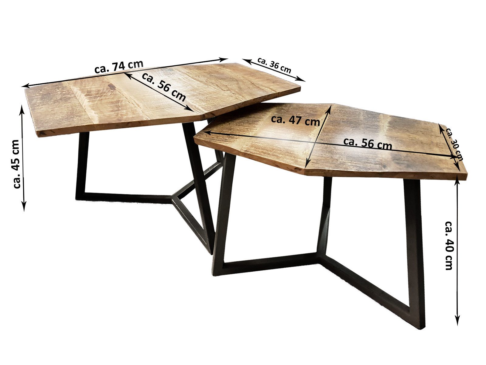 Amagohome Couchtisch 2er-Set sechseckige Couchtische München aus massivem Mangoholz & Eisen