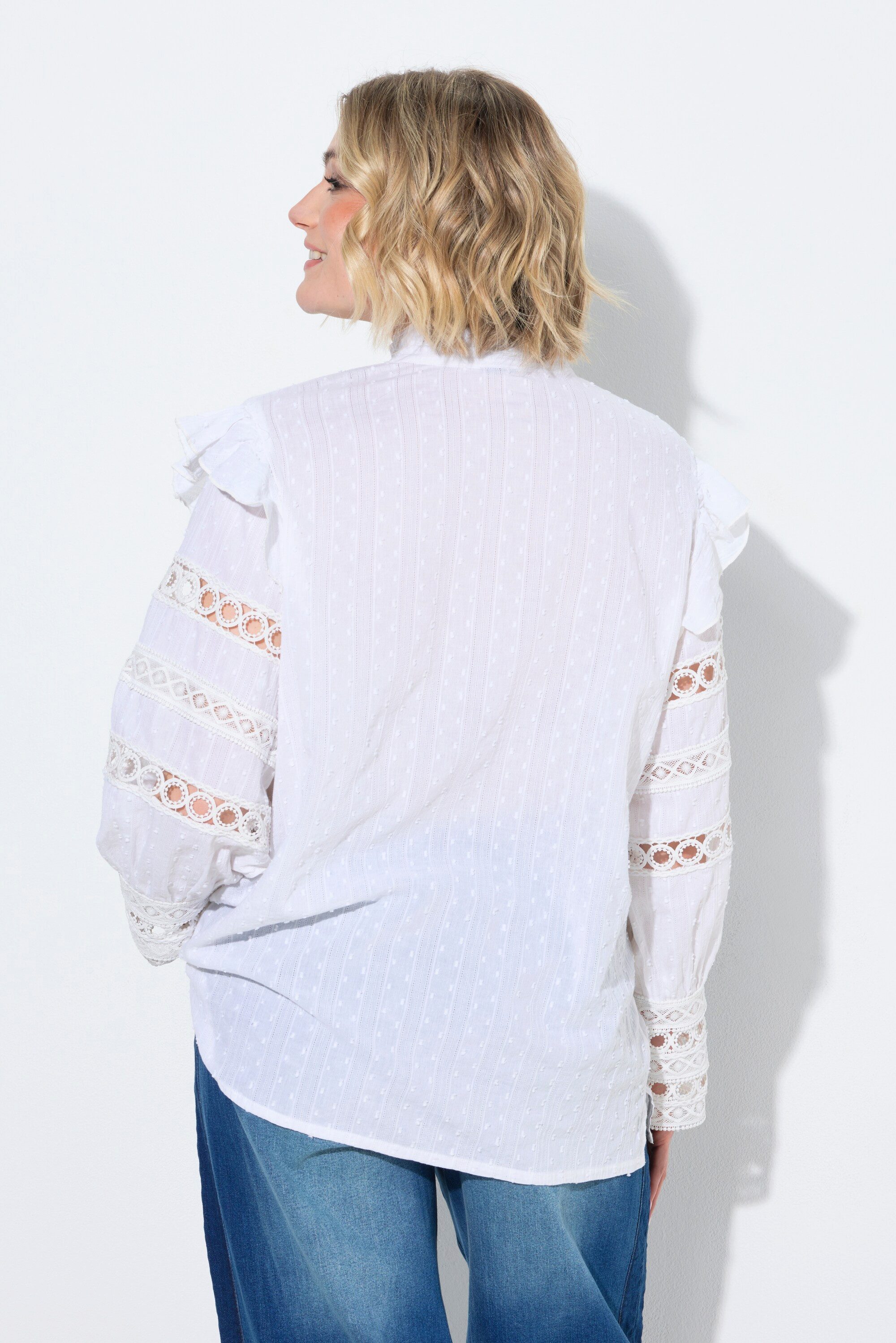Ulla Popken Tunika Boho-Bluse Rüschen/Spitze Stehkragen Langarm – Bild 3 von 4