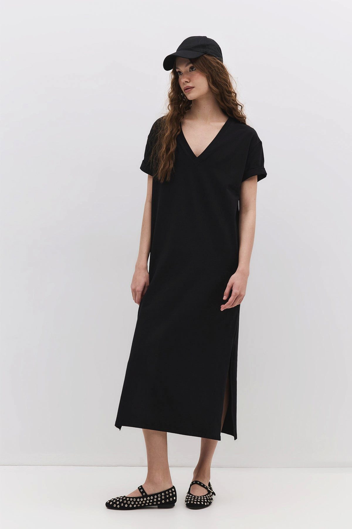 Maxikleid Basic-Kleid aus Baumwolle mit V-Ausschnitt und Schlitz