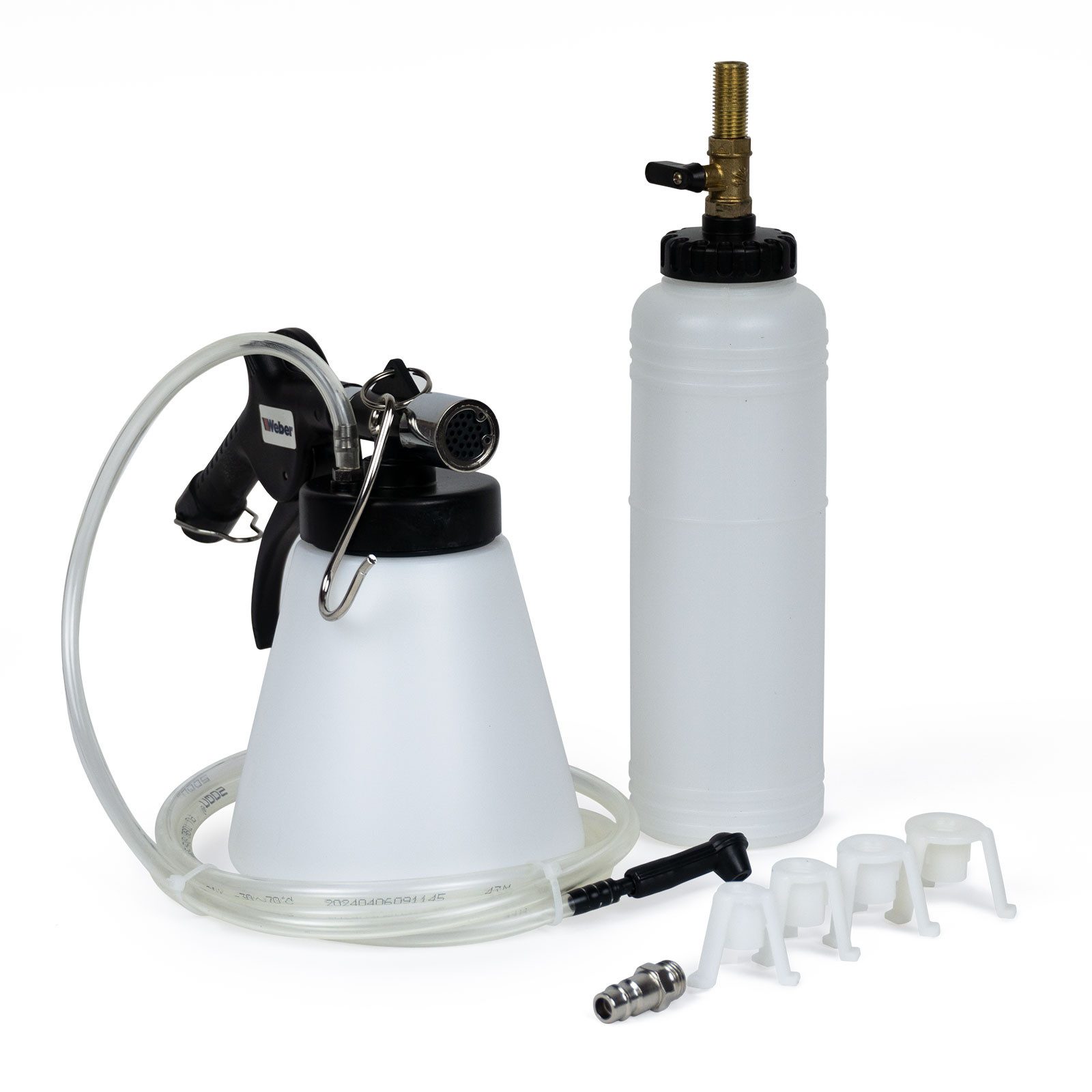 Weber GmbH U-Brake Vakuum Bremsentlüftungs-Set Druckluft Entlüftung (Set, incl. Nachfüllbehälter, Schlauch, 1 Metallanschluss, 4 Steckverbinder), Fassungsvermögen 1L, mit Füllflasche