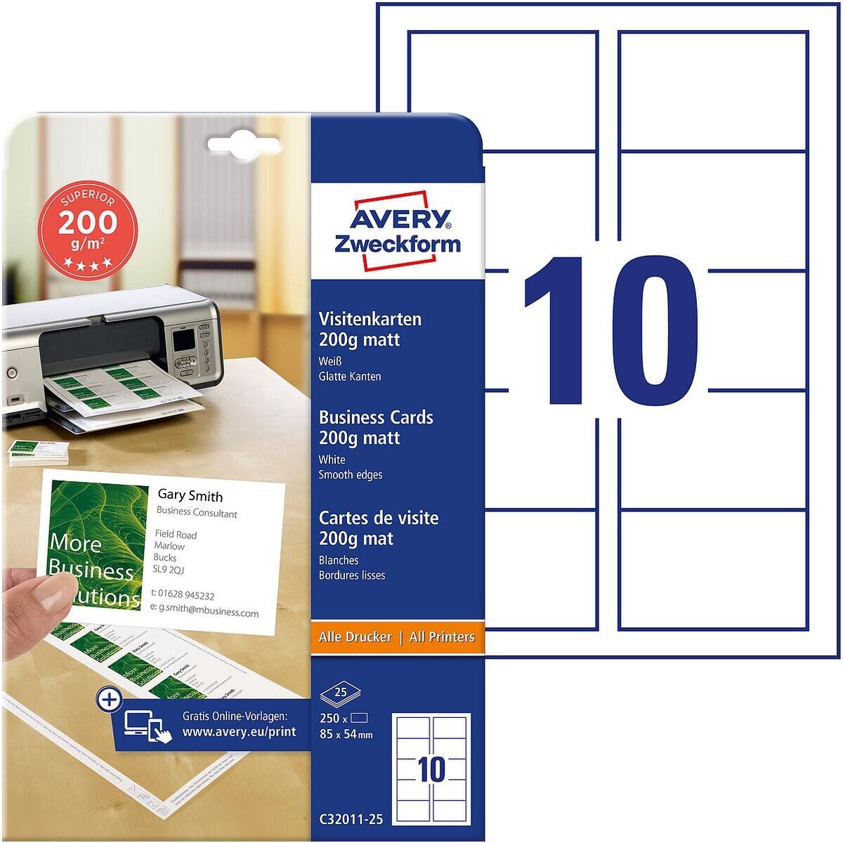 Avery Zweckform Visitenkarten C32011-25, weiß-matt, ohne Perforation, 200 g/m²
