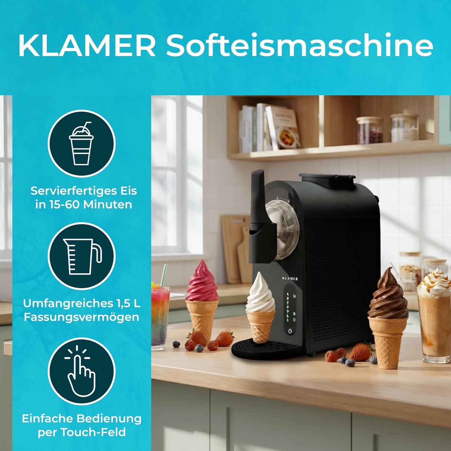 KLAMER Eismaschine 1,5L, 7 Programme (Softeis, Slush, Frapp), Eismaschine & Slush Masch…, 1,5 l, 210 W, Kompressor-Technologie, 7 Programme, Automatische Reinig – Bild 2 von 5