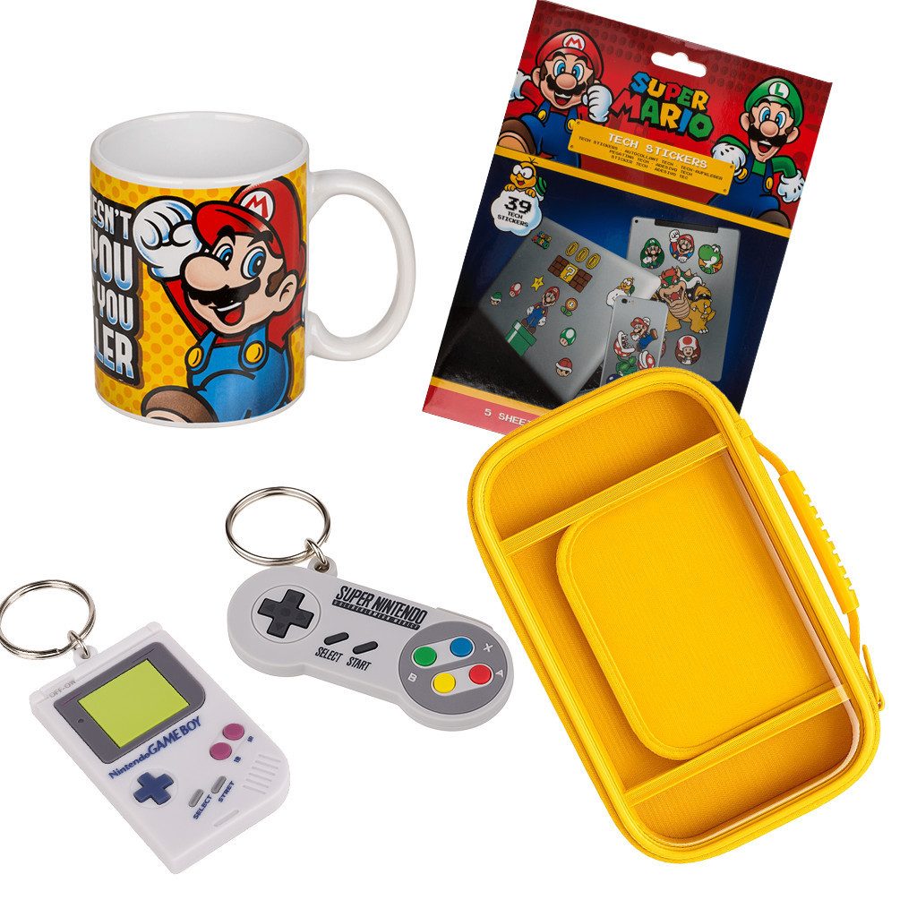 what the shop Geschenkset Super Mario–Tasse, Sticker, Anhänger & Switch 2 Case Zubehör Nintendo (Retro-Feeling für echte Gamer-Herzen)
