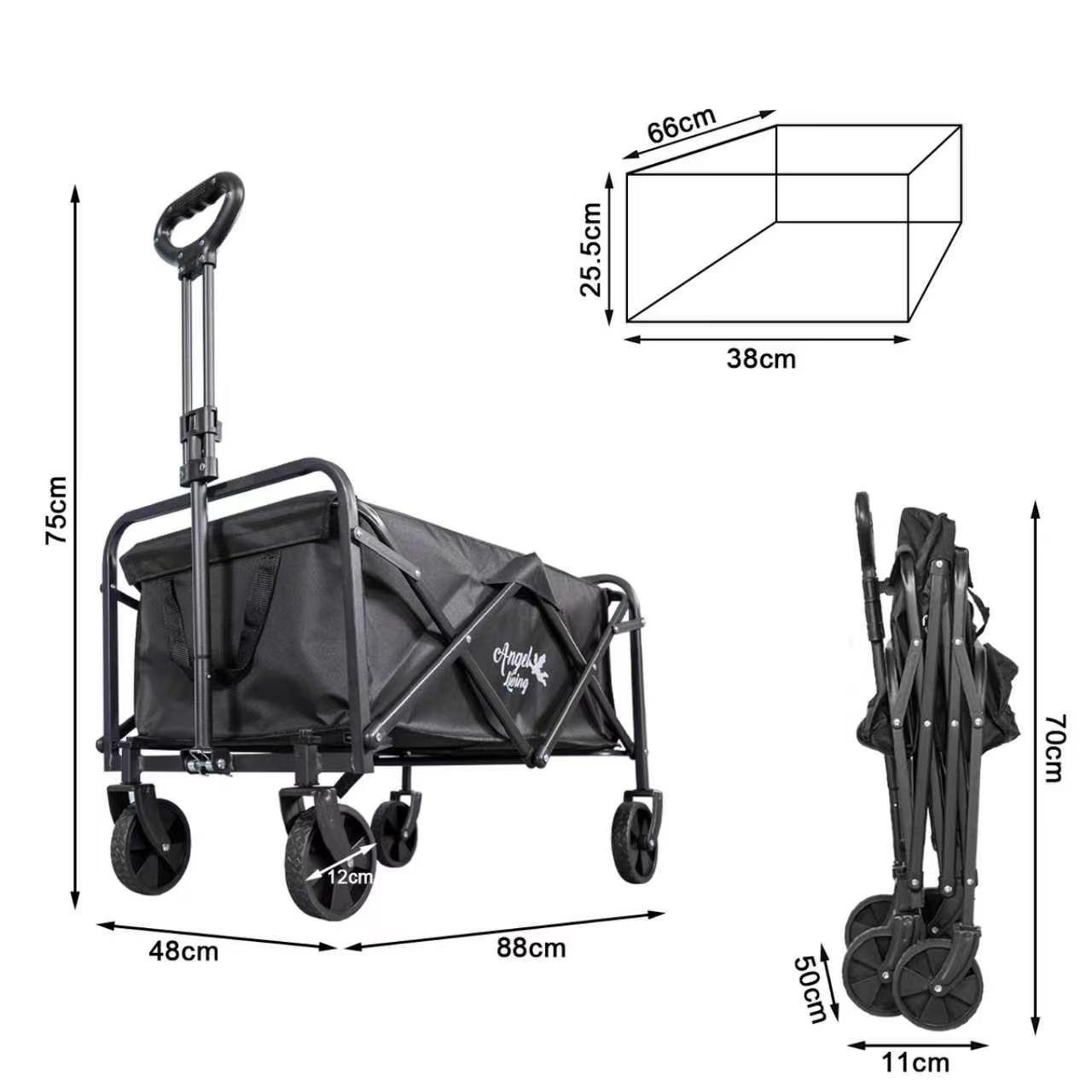 Angel Living Bollerwagen Klappwagen mit abnehmbaren Rädern – 88x48x75 cm, 600D Oxford-Stoff (1-tlg), Carbon-Stahlrahmen, Tiefgrau pulverbeschichtet, 2 Getränkehalter