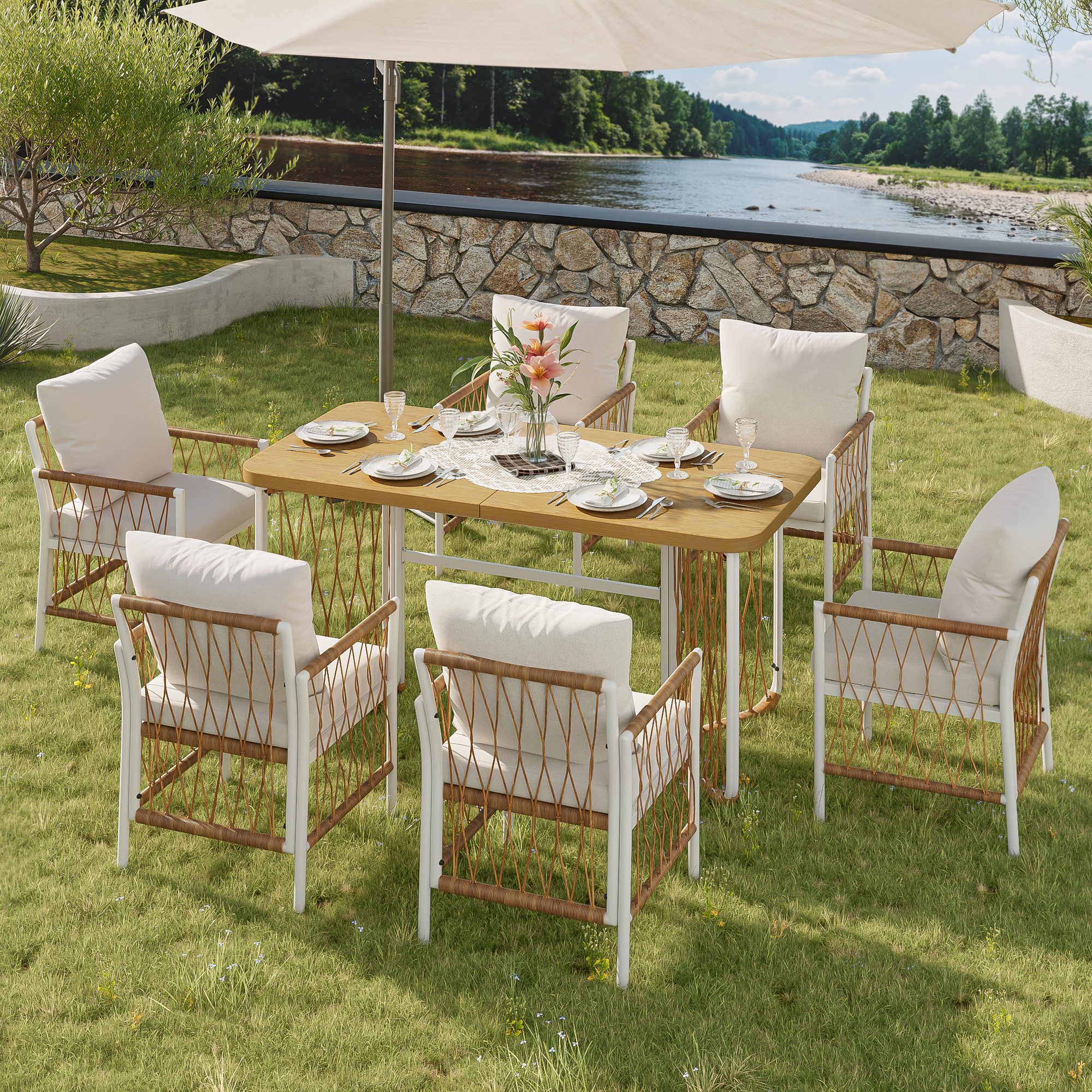 Flieks Gartenlounge-Set, 6-Sitzer Gartenmöbel Essgruppe aus PE-Rattan mit Kunstholz-Tischplatte