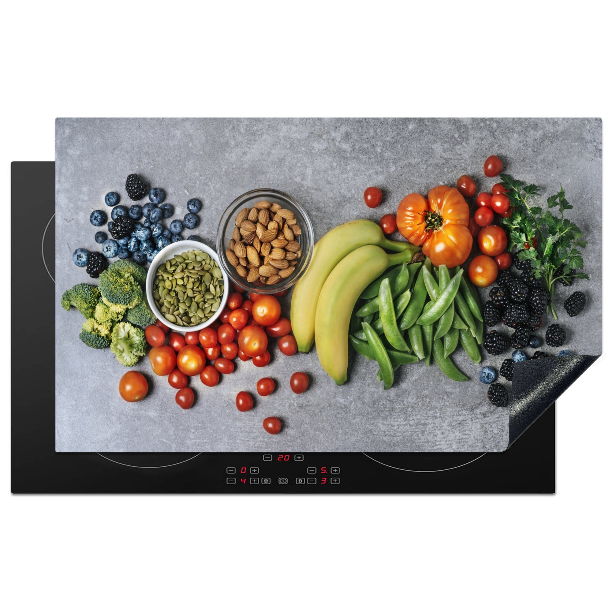 MuchoWow Herdblende-/Abdeckplatte Obst - Farbe - Nüsse, Vinyl, (1 tlg), 83x51 cm, Ceranfeldabdeckung, Arbeitsplatte für küche