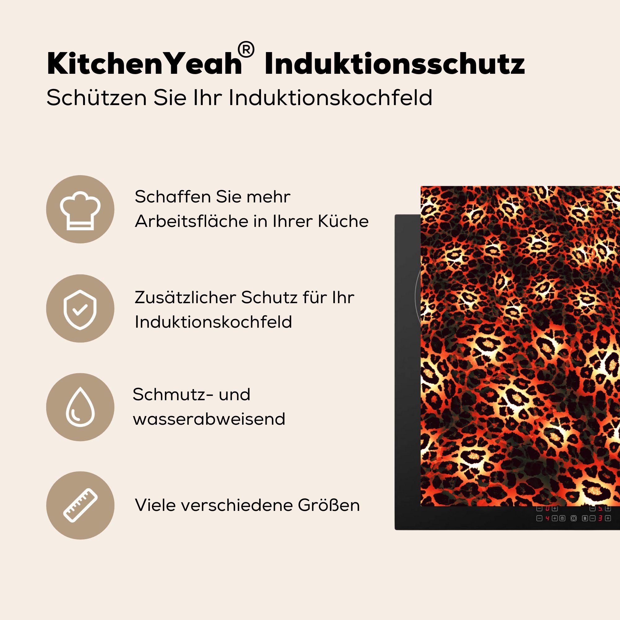 81x52 - MuchoWow küche, Leopardenmuster Design Herdblende-/Abdeckplatte Orange, die tlg), Schutz für cm, (1 Ceranfeldabdeckung - Vinyl, Induktionskochfeld