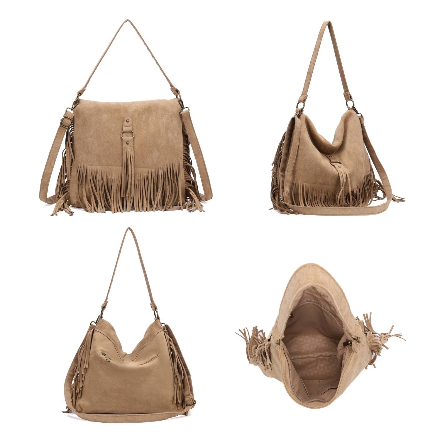 ITALYSHOP24 Schultertasche Damen Shopper Tasche Umhängetasche Fransen Boho Crossbody Reise Bag, Samt Messenger Hobo Bag Velour Leder Optik City Beutel Henkel, leicht