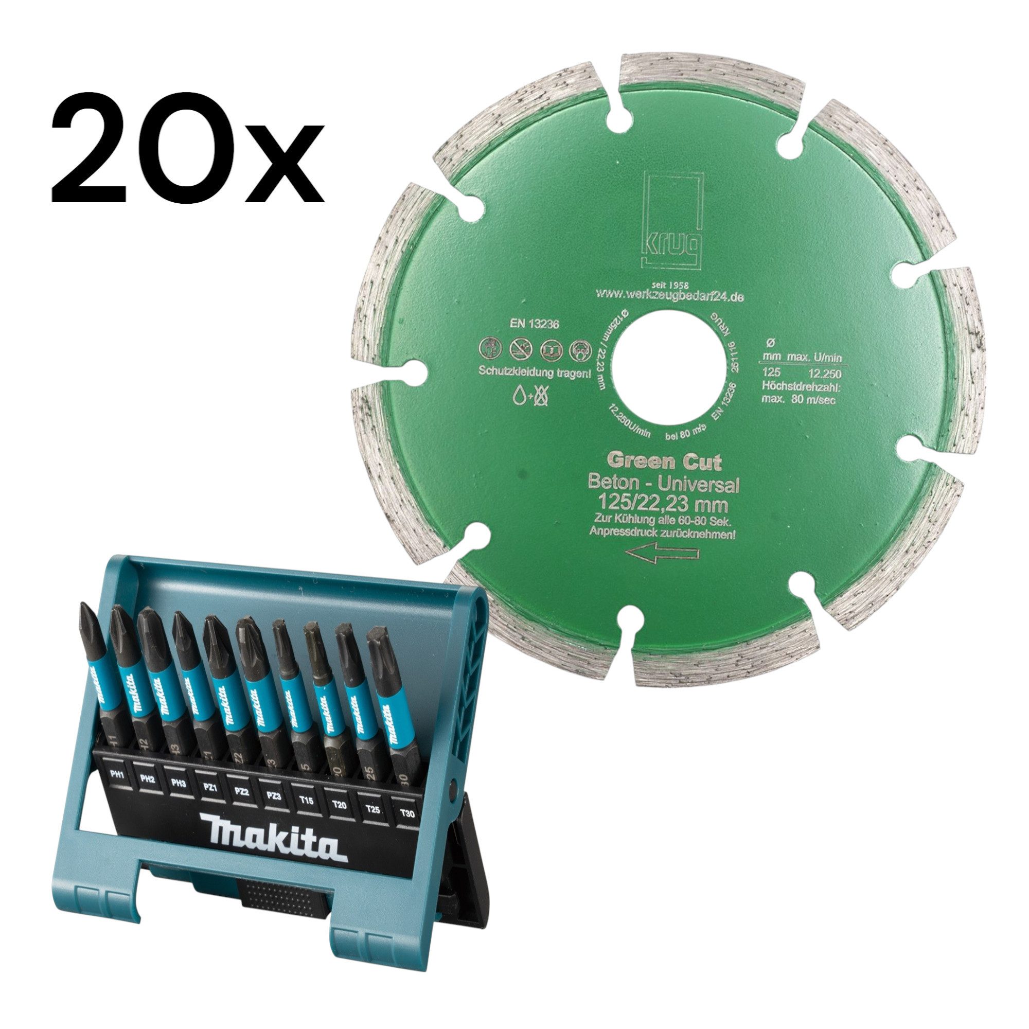 Makita Diamanttrennscheibe Set Makita Bit-Box E-12011 + 20x Diamantscheibe Green Cut 125 mm für
