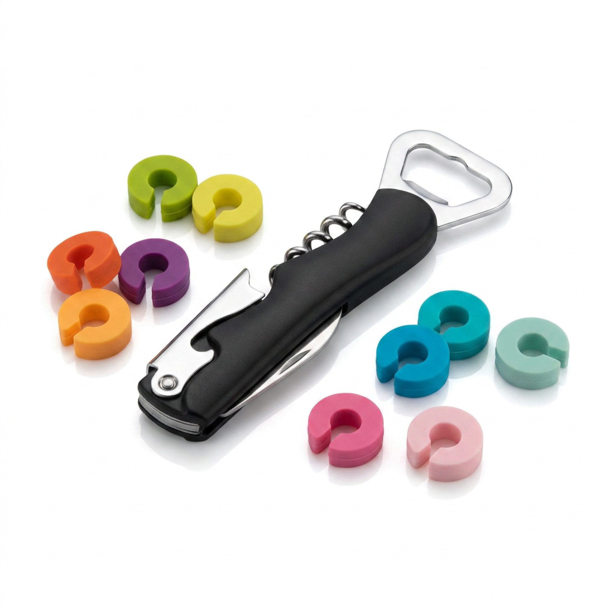 varivendo Korkenzieher-Aufsatz Glasmarkierer + Universalflaschenöffner, Korkenzierher, Kellnermesser, (Wein-Accessoire-Set, 3-teilig), Glasmarker Glasbeschrifter Trinkglasmarker Partyglasmarker Weinglasmar