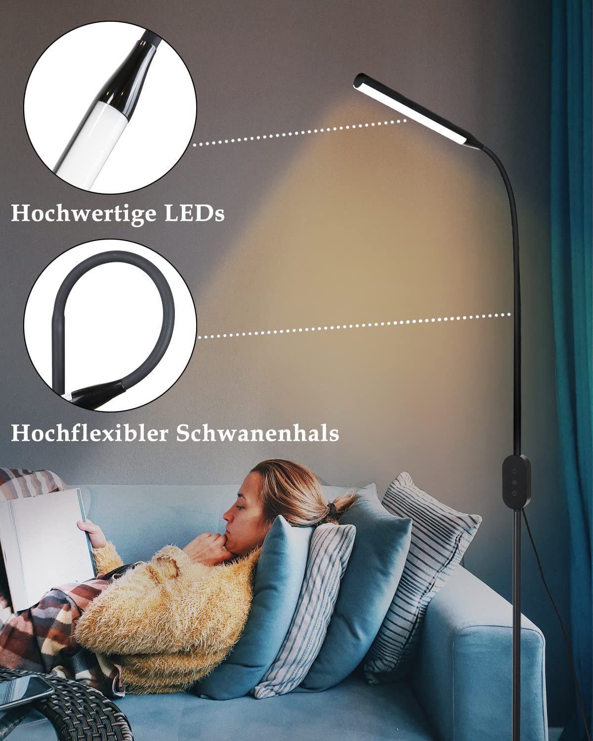 ZMH LED Stehlampe Leselampe Modern Beleuchtung Touch mit Büro, fest integriert, schwarz LED Timer dimmbar, Deko