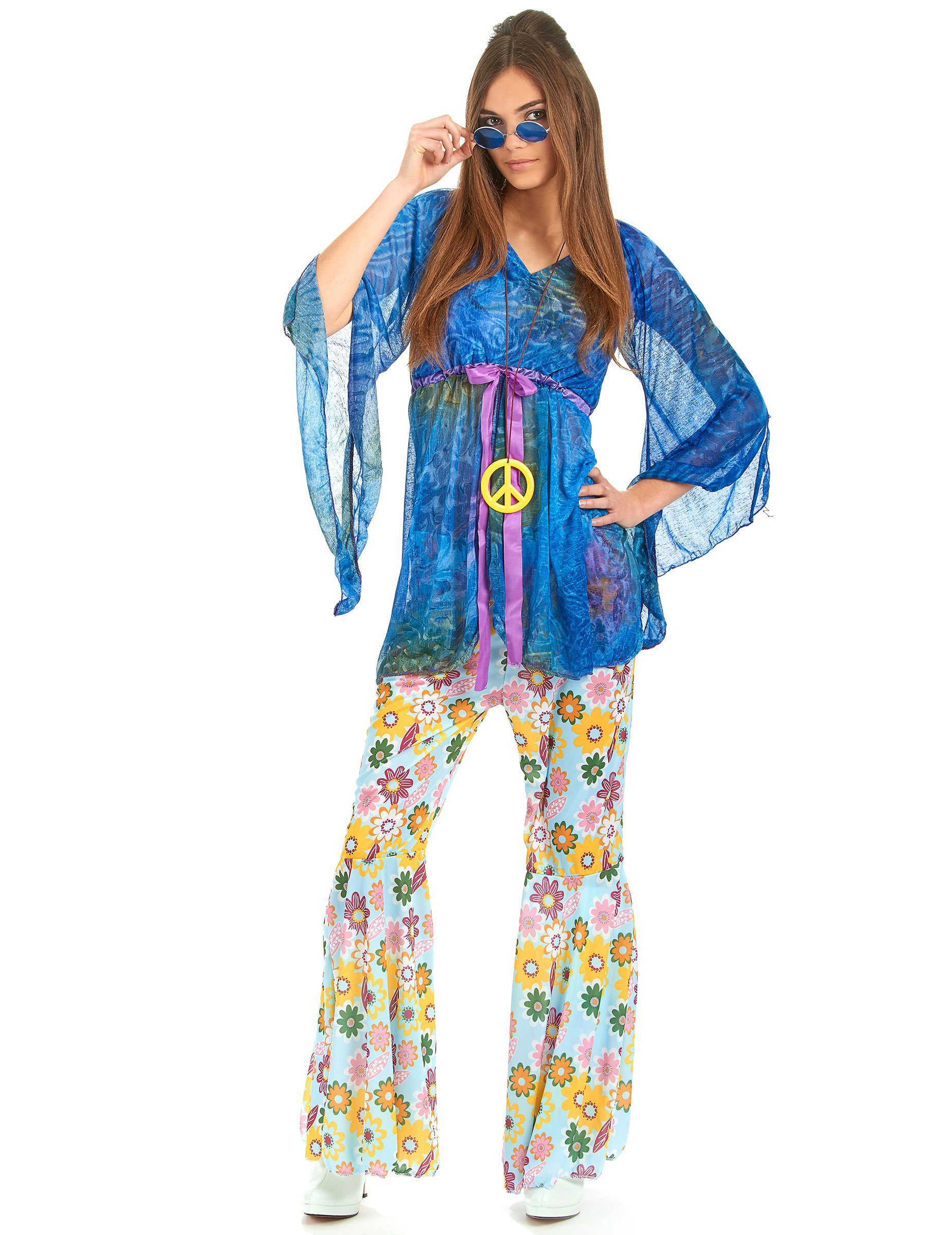 Kostüm Hippie-Damenkostüm Flower-Power blau-bunt