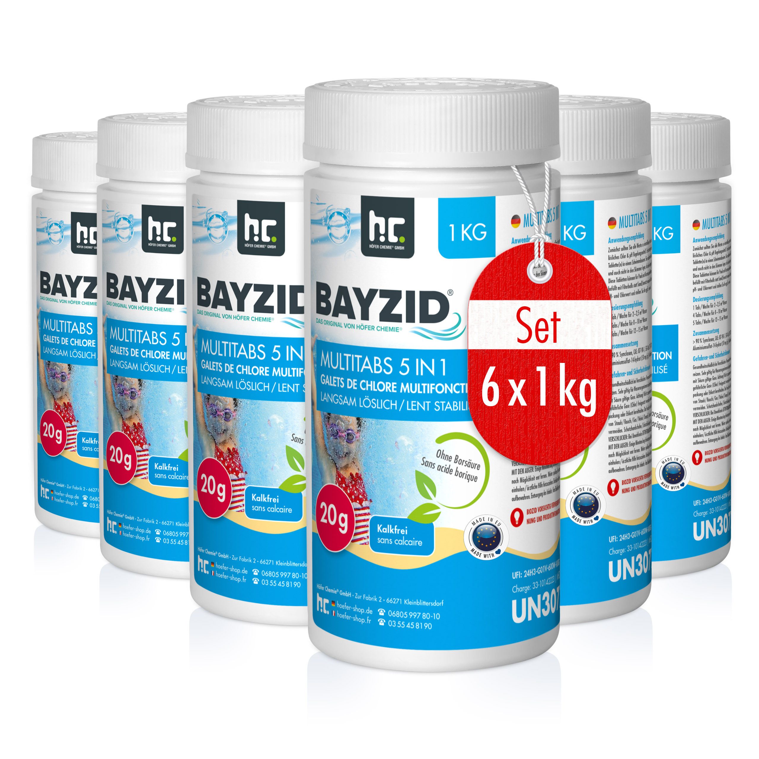Höfer Chemie GmbH Poolpflege 6x 1 kg BAYZID® Multitabs 20g 5in1 für Pools, Kompakte All-in-One-Pflege für kleine Pools