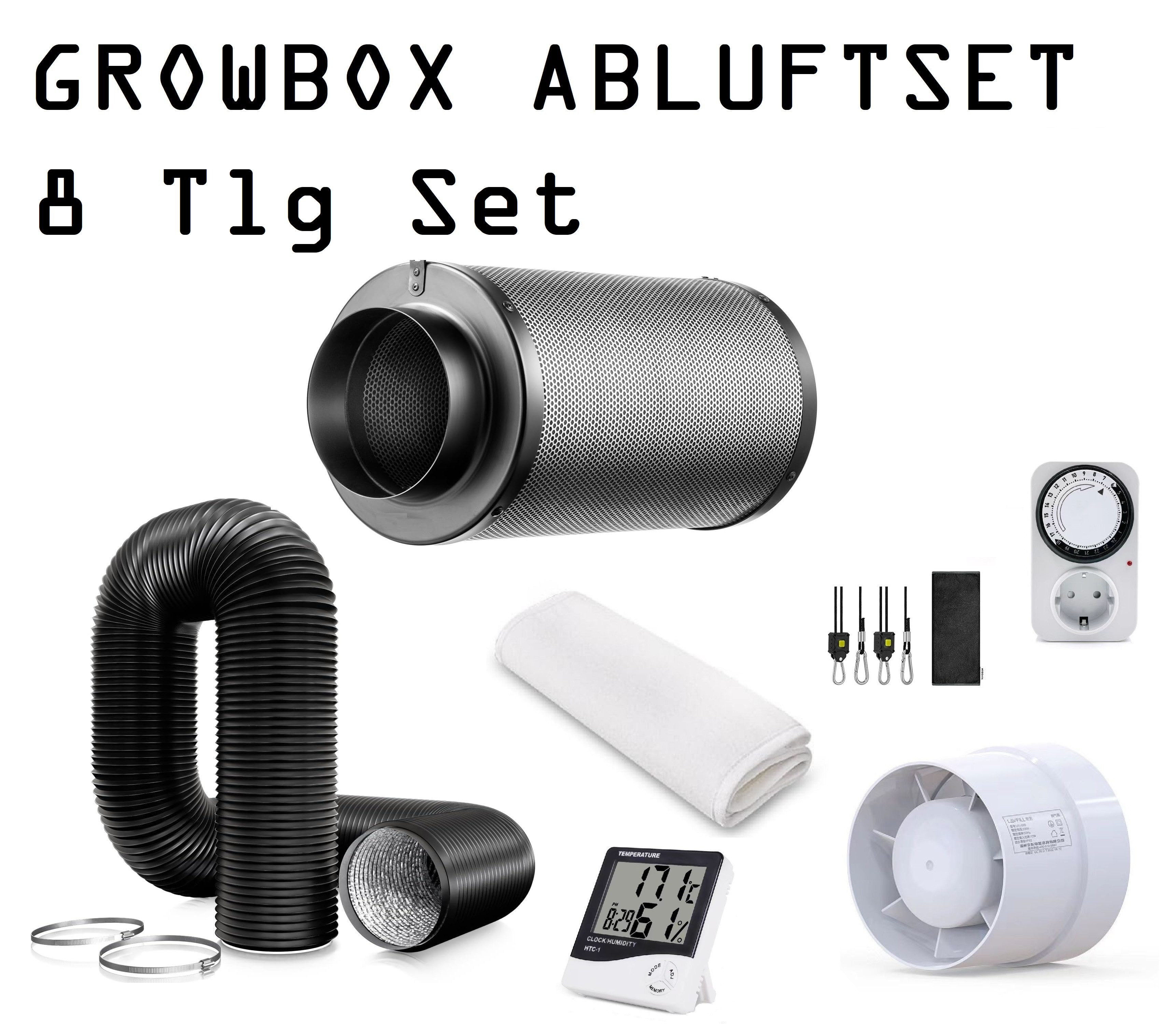 JUNG Abluft-Set Abluft Set Growbox 100mm/4" Abluftset Grow m Ventilator Rohrventilator, Zubehör für Anzucht Set, Anzuchtset, Zuchtzelt, Gewächshaus, Cannabis Set Anbau, Box, Grow Box Zelt, Gewächszelt, Rohrventilator 100mm leise, Abluftventilator mit Aktivkohlefilter 100