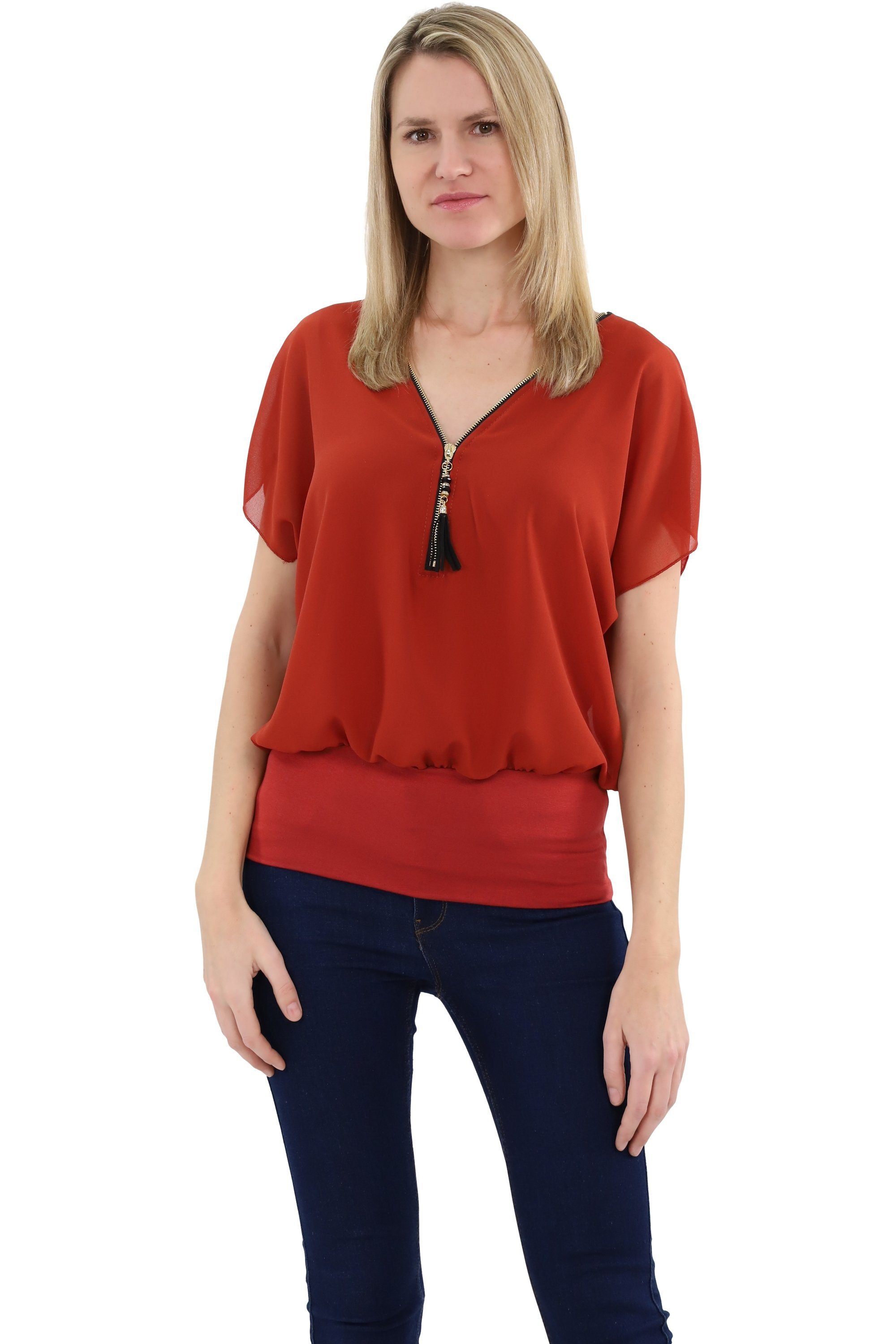 Chiffonbluse malito Damen kurzarm Bluse im Fledermaus Look, Tunika mit Zipper