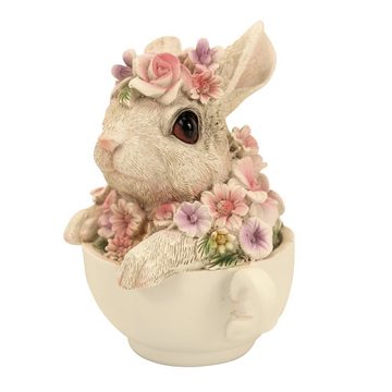 Online-Fuchs Gartenfigur süßer Hase mit Blumen verziert in Tasse, Maße des Tiers ca. 15 cm hoch und 11 x 10 cm breit, Kaninchen