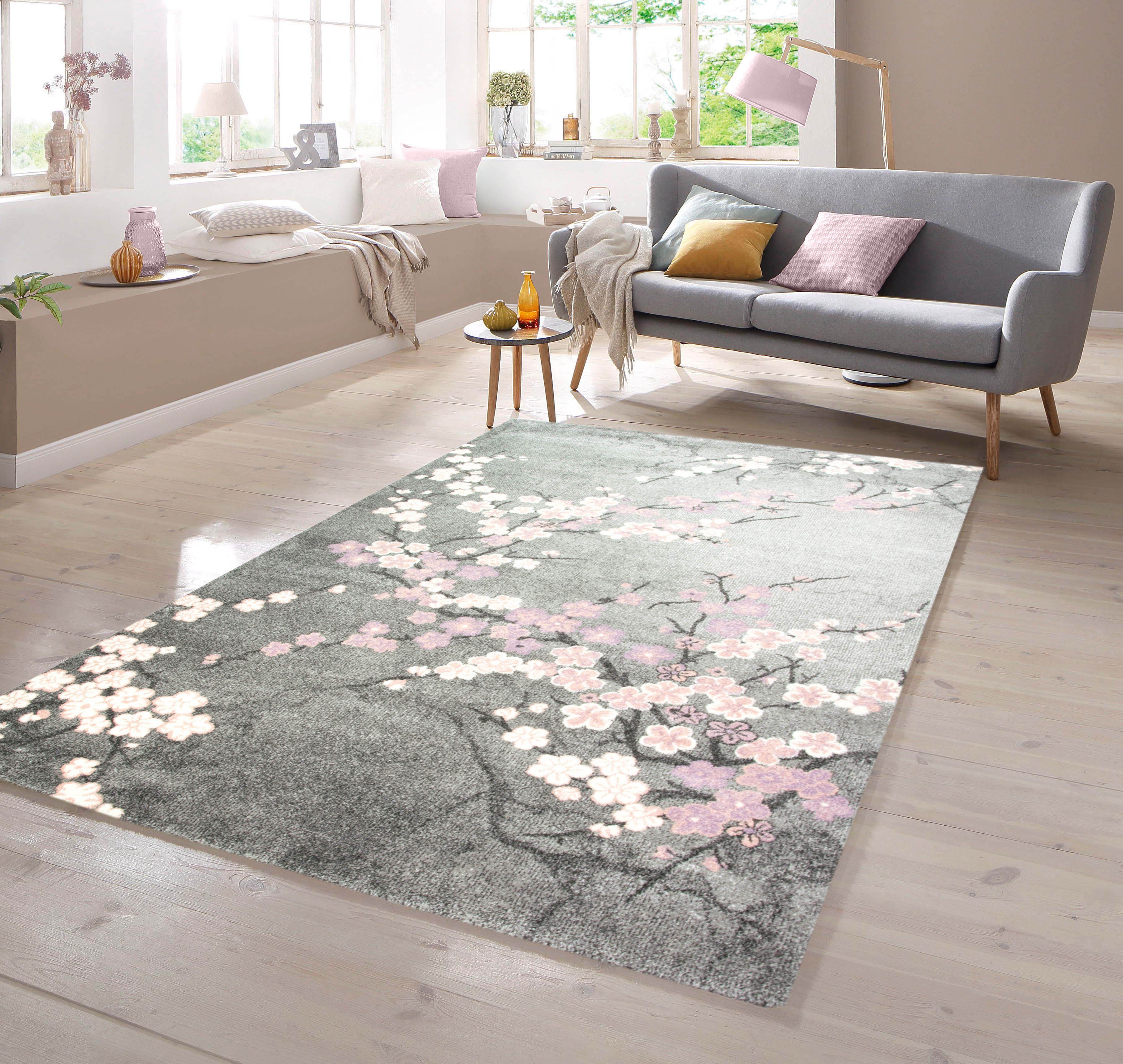Teppich Teppich mit Blumenmotiv Pink Grau, TeppichHome24, rechteckig