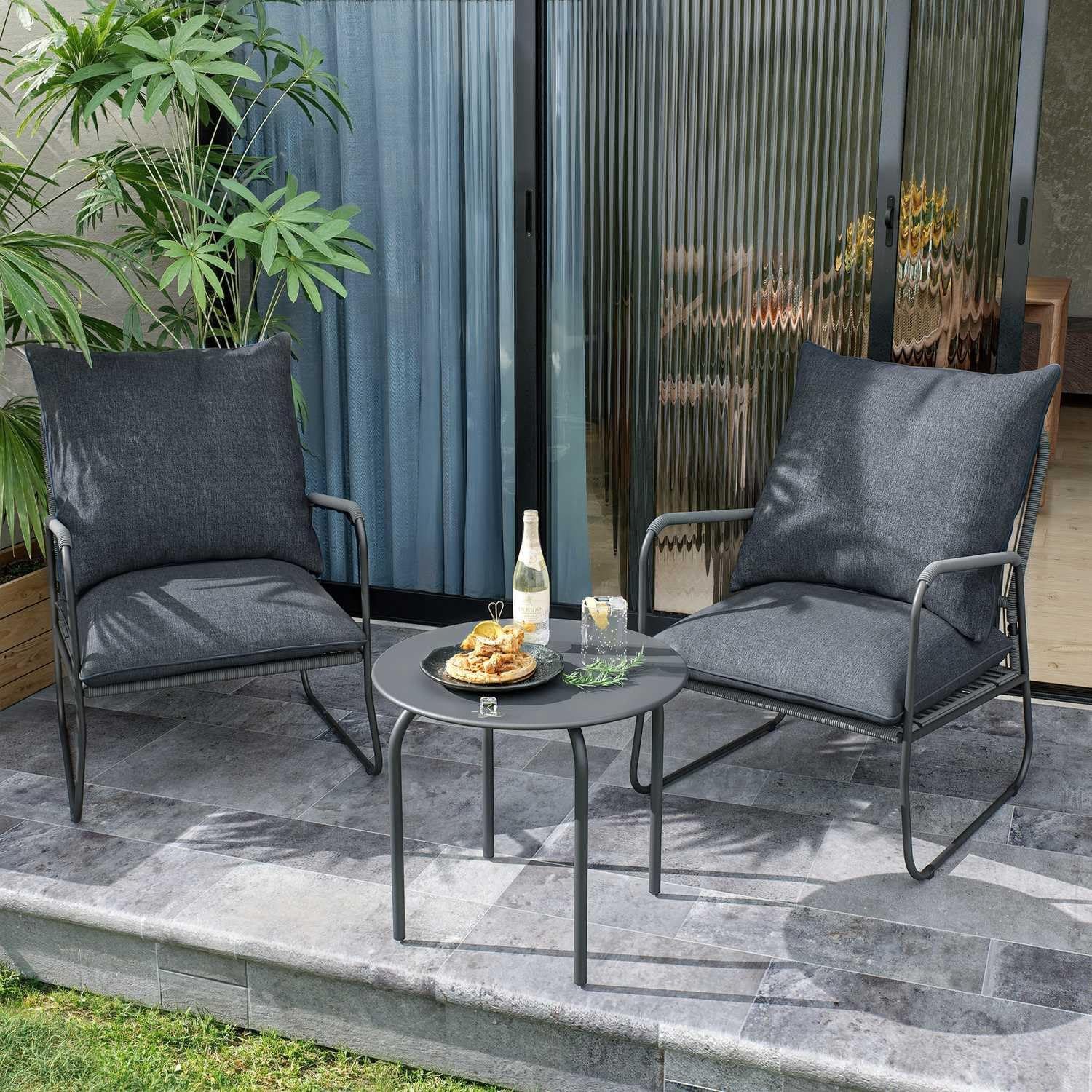 GOTLAND Gartenlounge-Set Garten Sitzgruppe, Atmungsaktive geflochtene PE-Rattan Gartenstühle, (Set, 3-tlg., Garten Lounge Set für Garten, Balkon), mit Kissen & runder Metall-Couchtisch, Terrassenmöbel Set aus Rattan