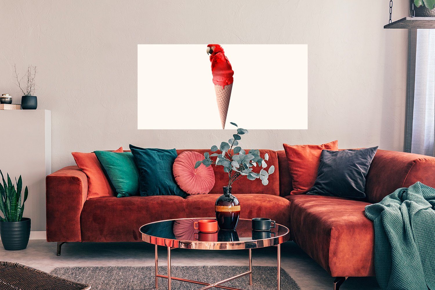 - Wandposter, Bild Wohnzimmer, St), Rot (1 Eistüten Rahmen, Eiscreme Ohne Papagei Schlafzimmer, Wanddeko Poster - MuchoWow Weiß, - für -