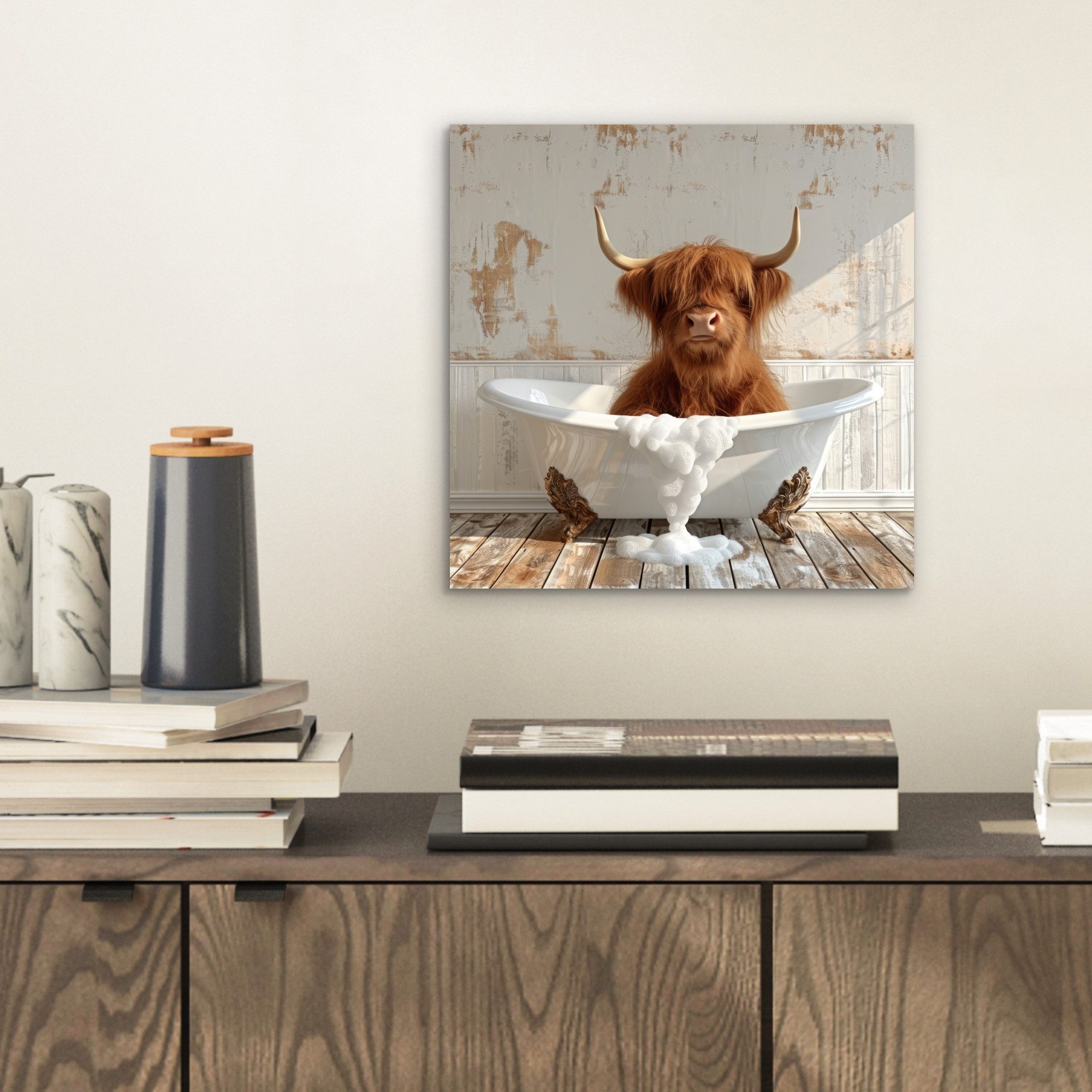 MuchoWow Metallbild Schottischer Highlander - Badewanne - Vintage - Kuh, In günstig online kaufen