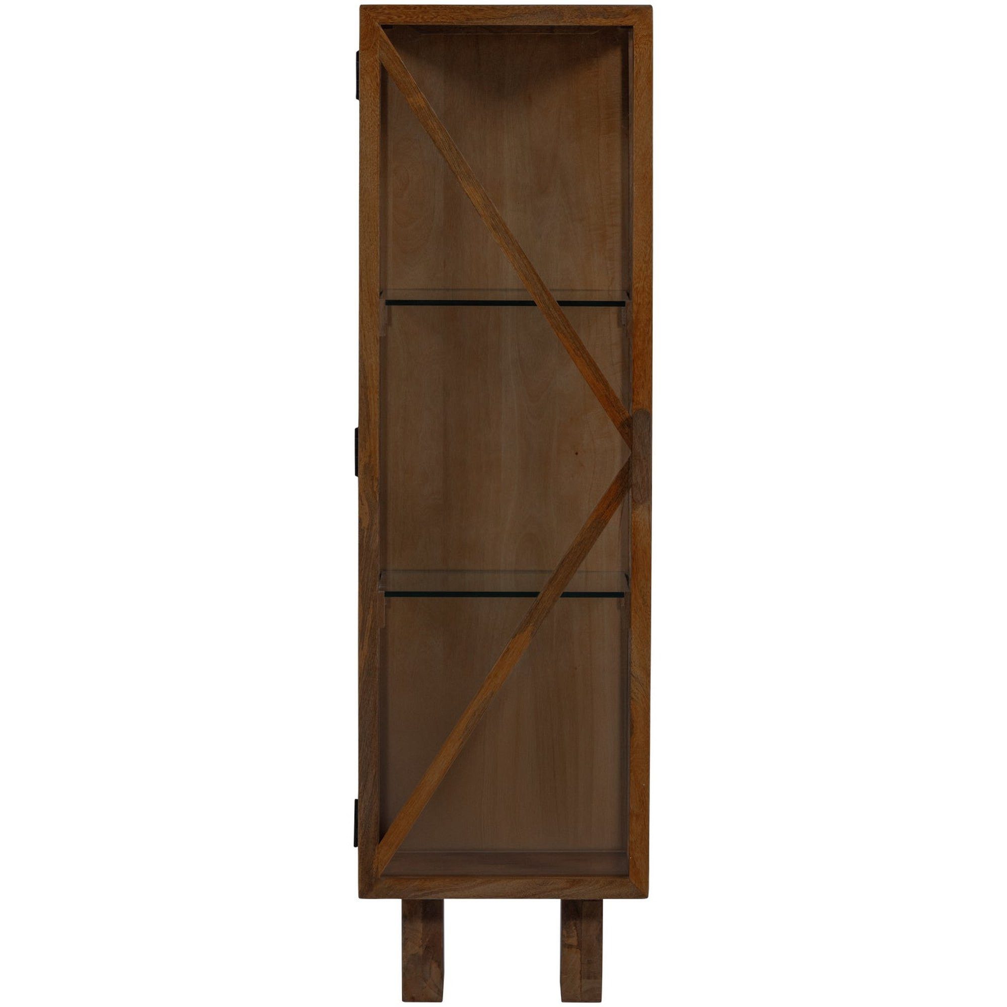 WOOOD Vitrine Kella Mangoholz Braun – Glas & Ablagefächern, 137 x 40 x 39 cm Mit einer Tür und drei Ablagefächern