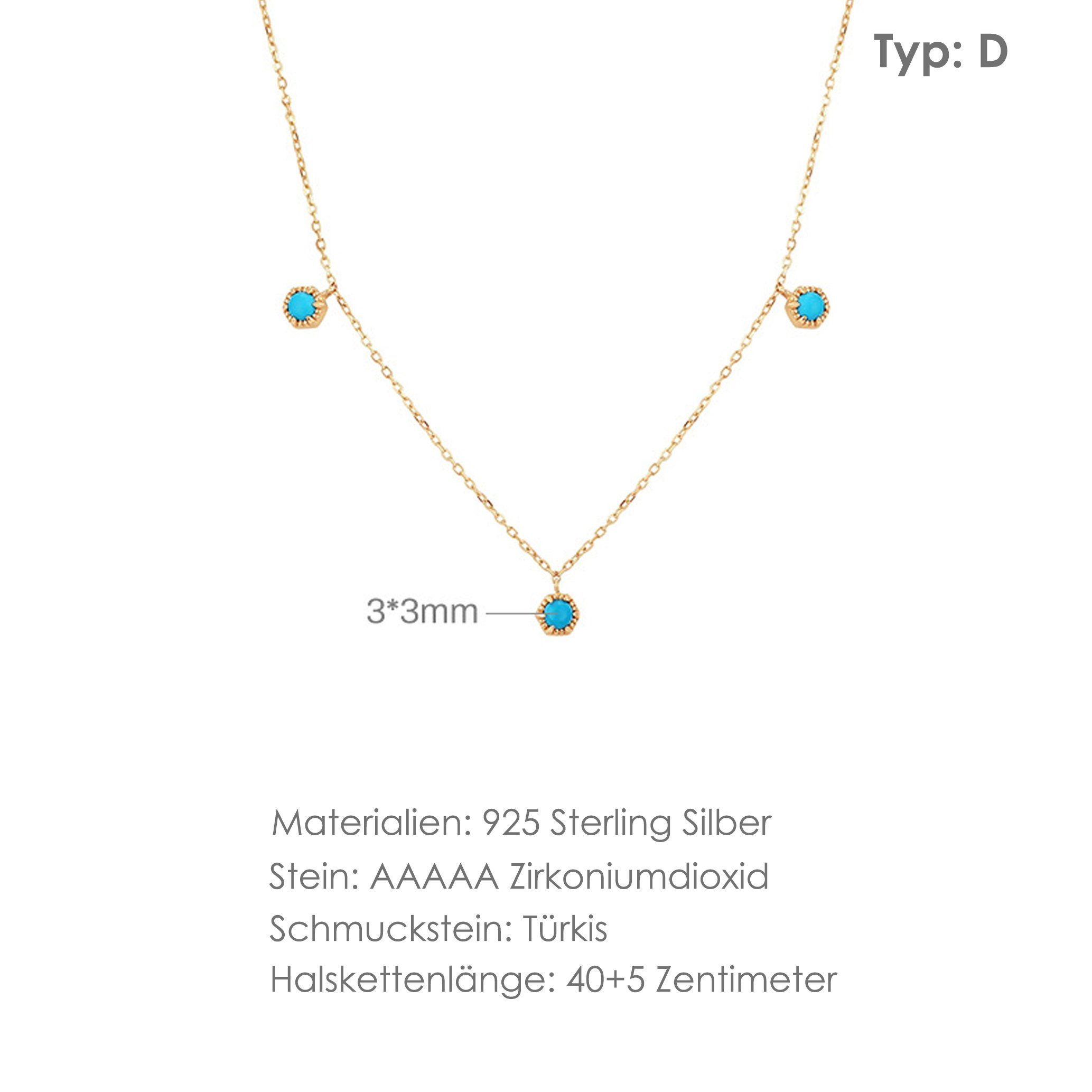 GOLDEN 925 Charm-Kette Halskette, Sterling Türkise Halskette minimalistische Mond Silber