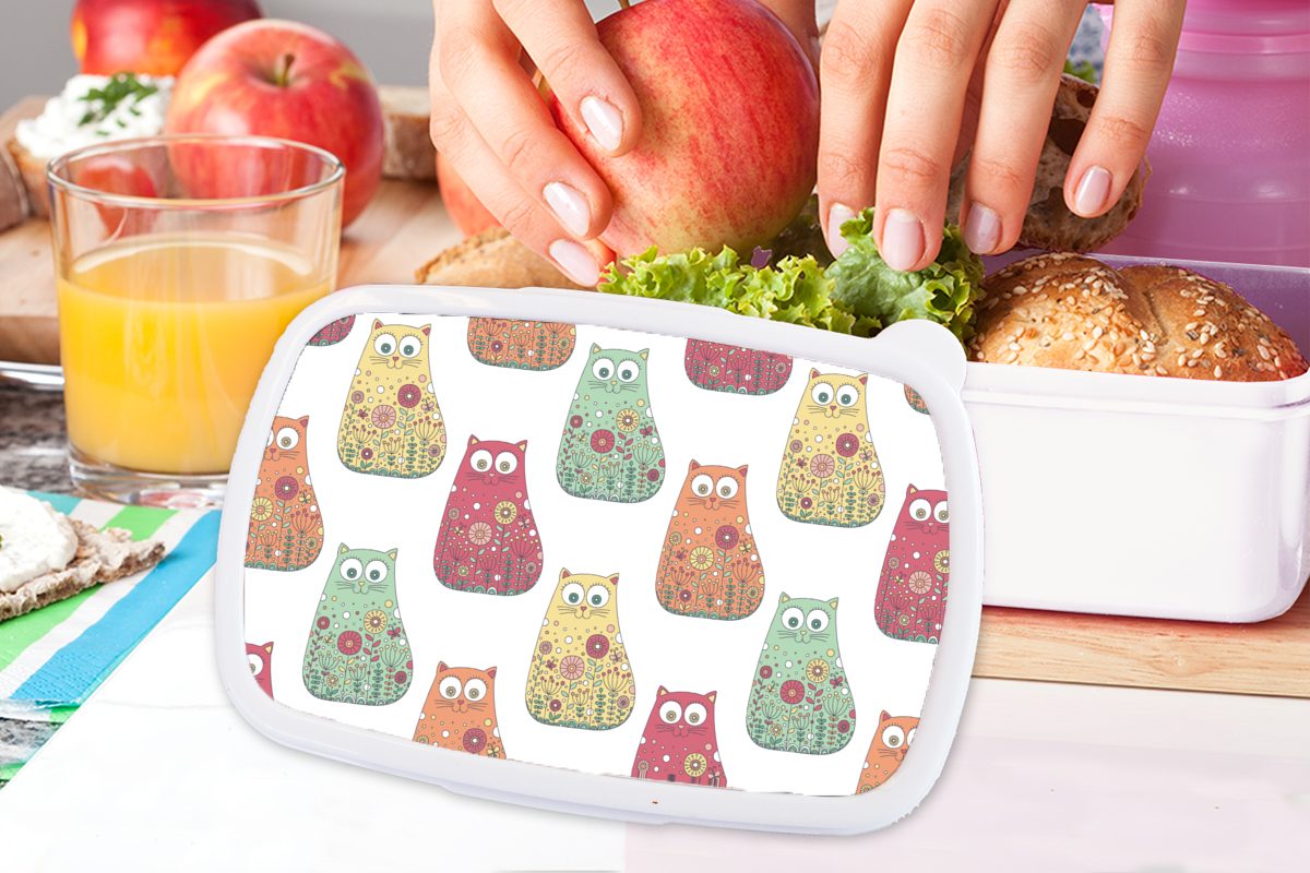 Kinder, Katze für Muster Kunststoff, - Kinder Blumen - Jungs Mädchen Lunchbox weiß - - Kinder - für Brotbox Erwachsene, (2-tlg), und und Brotdose, Mädchen - MuchoWow Mädchen