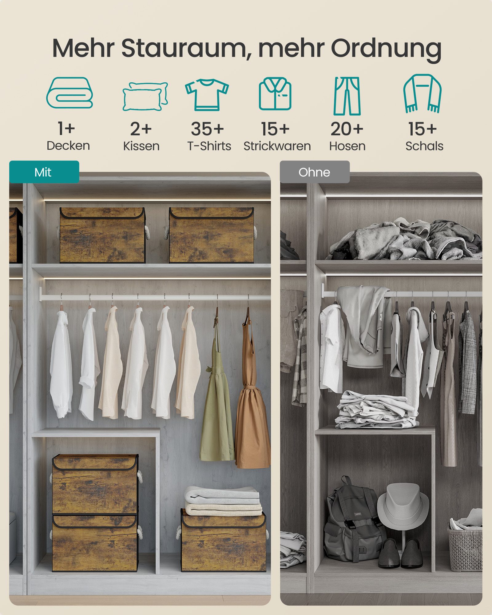 SONGMICS Aufbewahrungsbox 3er Set Stoffboxen klappbar, 38 x 25 x 25 cm, für Schlafzimmer, Wohnzimmer, mit Deckel, Griffe – Bild 3 von 5