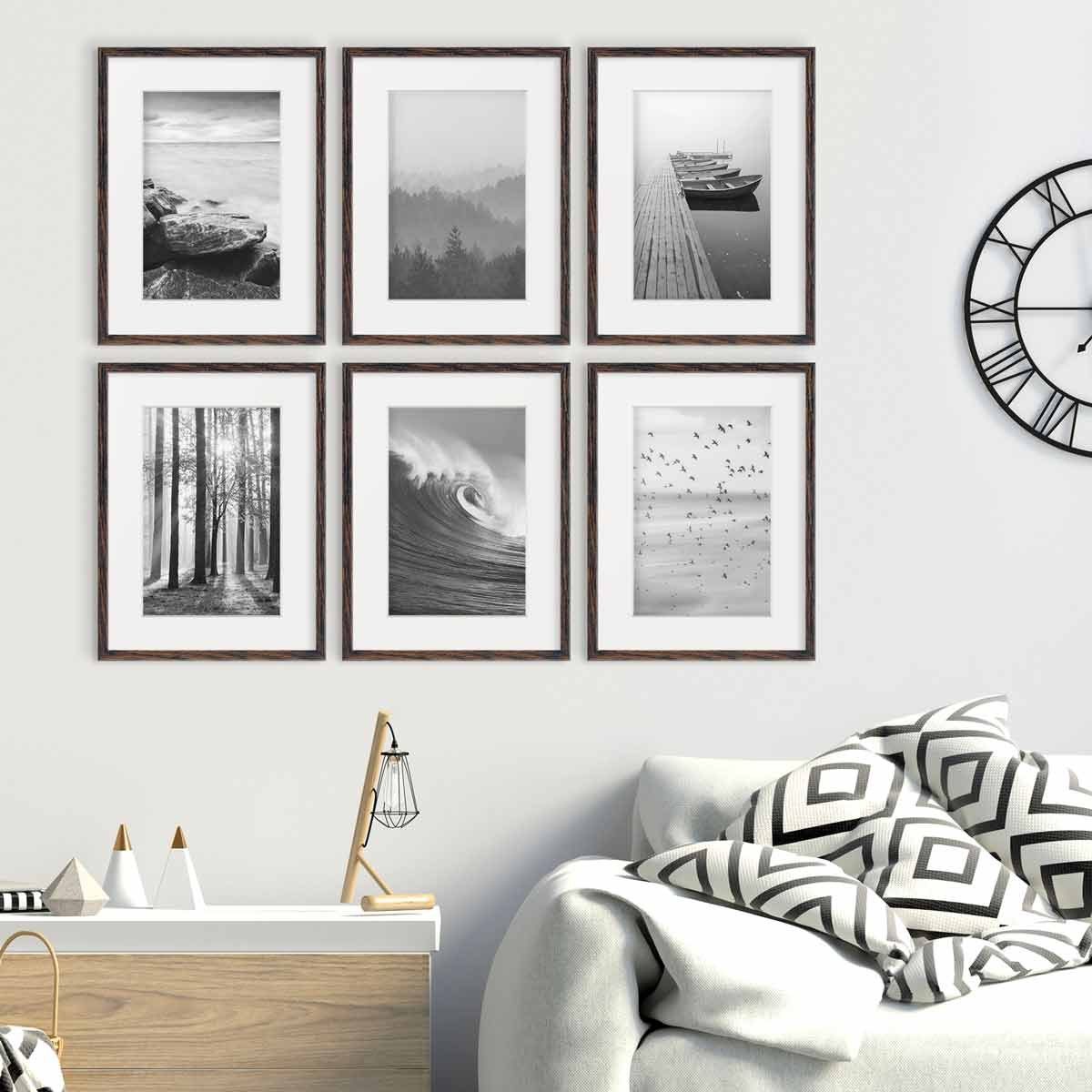 PHOTOLINI Bilderrahmen 6er Set 30x40 cm Modern Schmal mit Passepartout Eiche dunkel