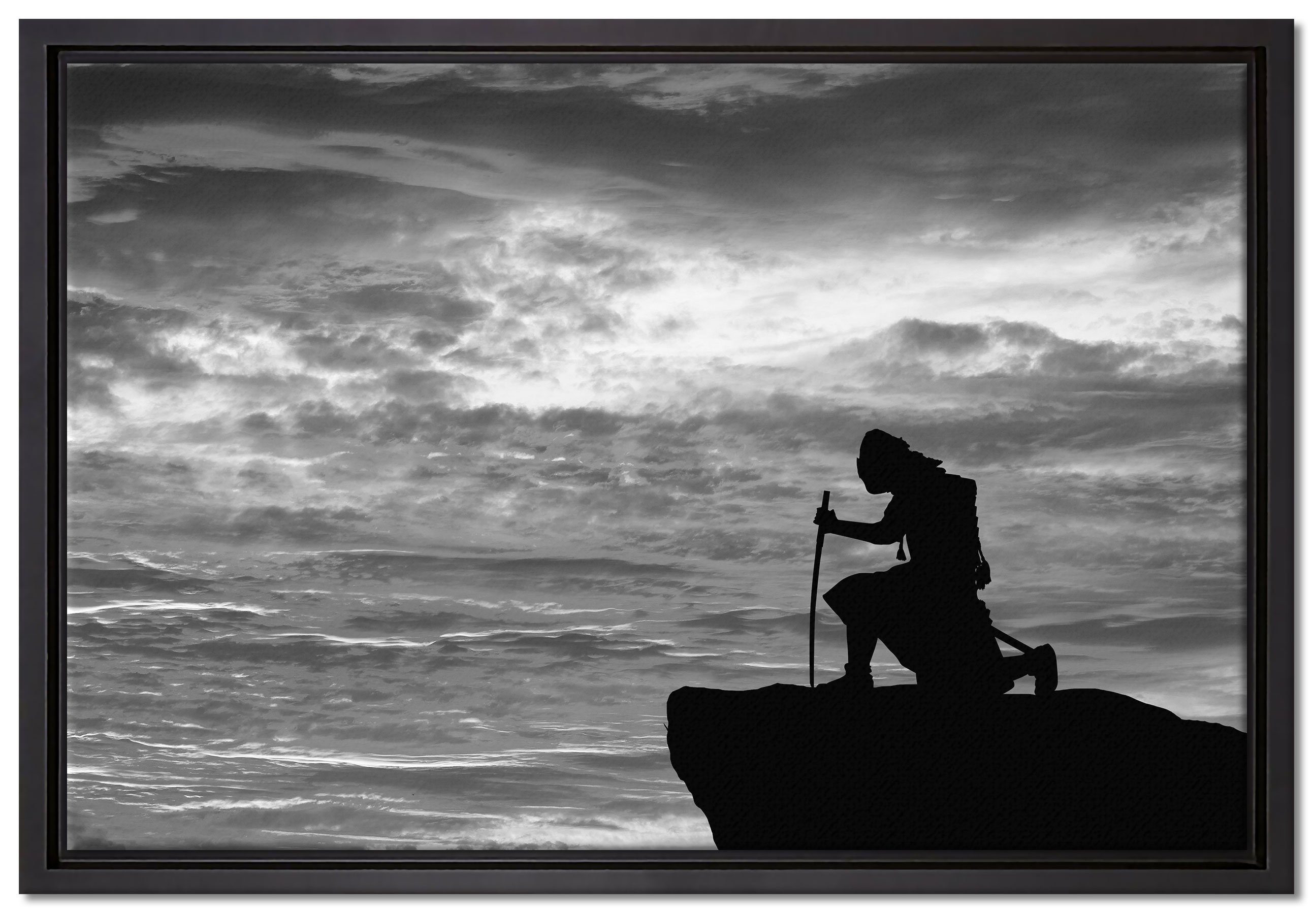 Pixxprint Leinwandbild Samurai auf der Spitze des Berges, Wanddekoration (1 St), Leinwandbild fertig bespannt, in einem Schattenfugen-Bilderrahmen gefasst, inkl. Zackenaufhänger