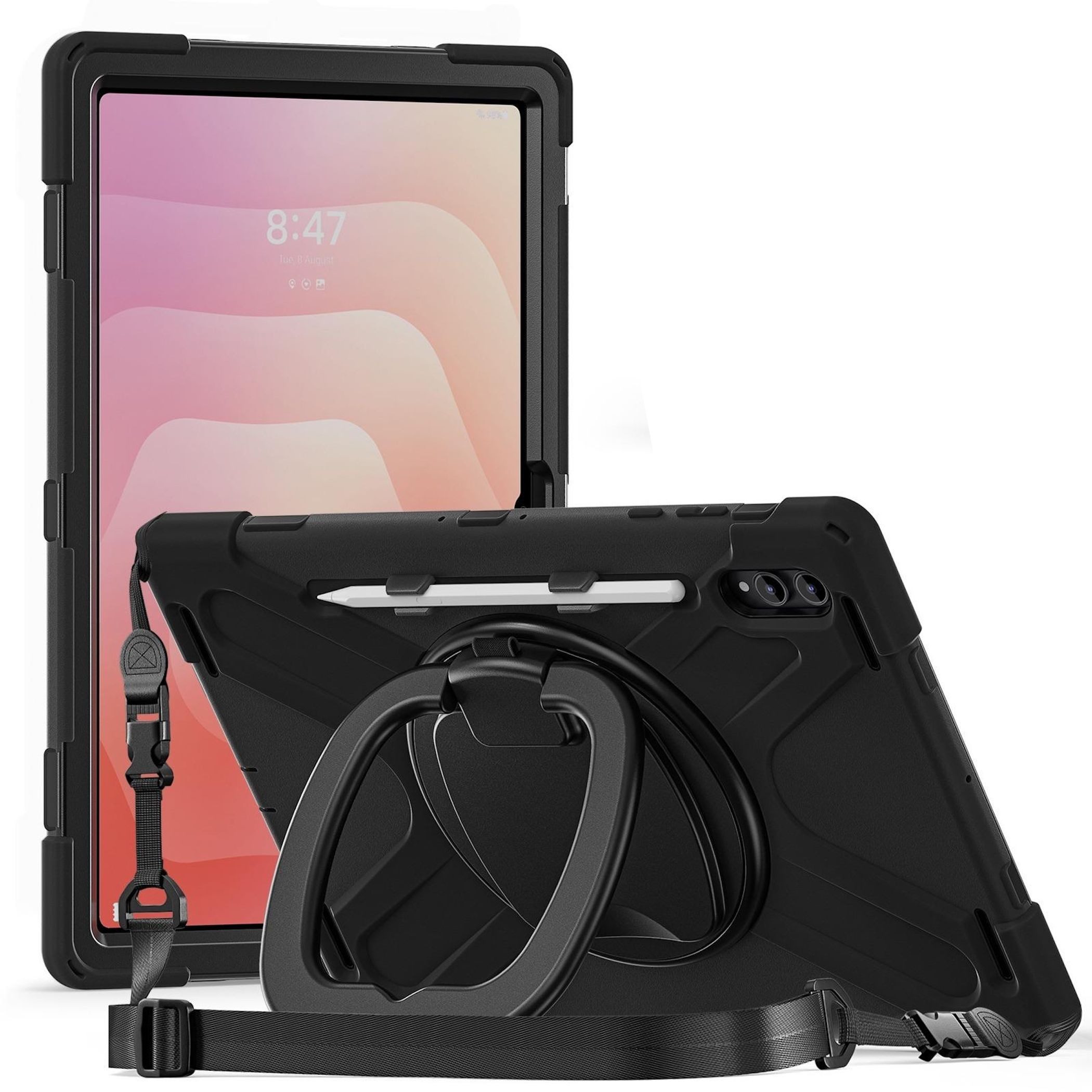Wigento Tablet-Hülle Für Samsung Galaxy Tab S11 Ultra Hybrid Hülle Halter & Gurt Schwarz, 360° drehbar, stoßfest, Schultergurt