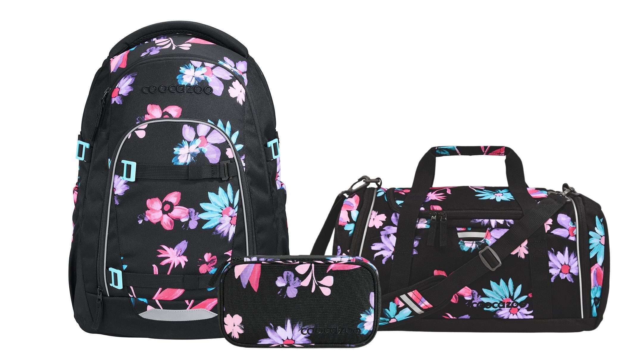 coocazoo Schulranzen Schulrucksack-Set MATE Floral Artnight 3-teilig (3-teilig), ergonomisch, Körpergröße: 135 - 180 cm, Easy-Grow-System