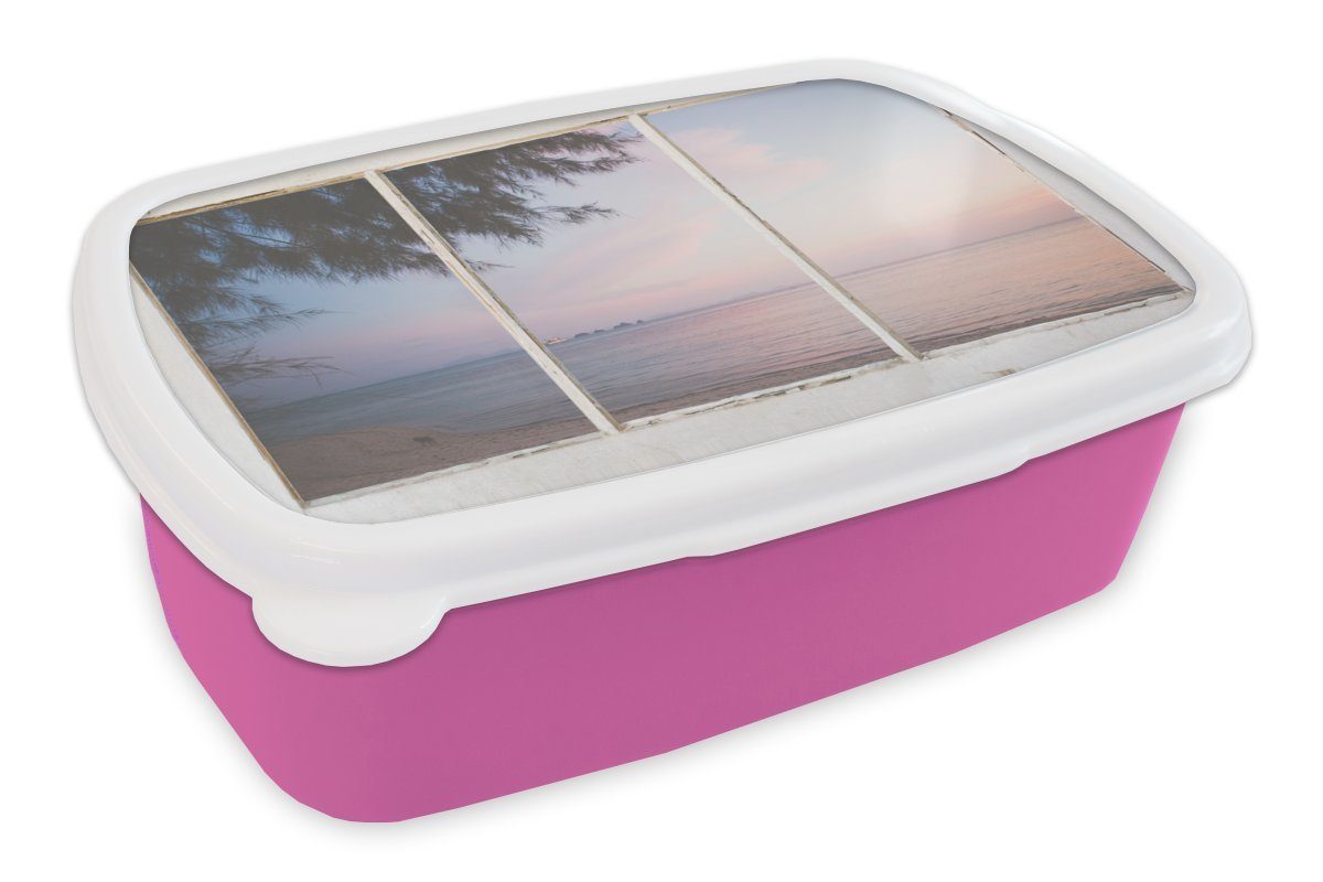 MuchoWow Lunchbox Aussicht - Palme - Meer, Kunststoff, (2-tlg), Brotbox für Erwachsene, Brotdose Kinder, Snackbox, Mädchen, Kunststoff rosa